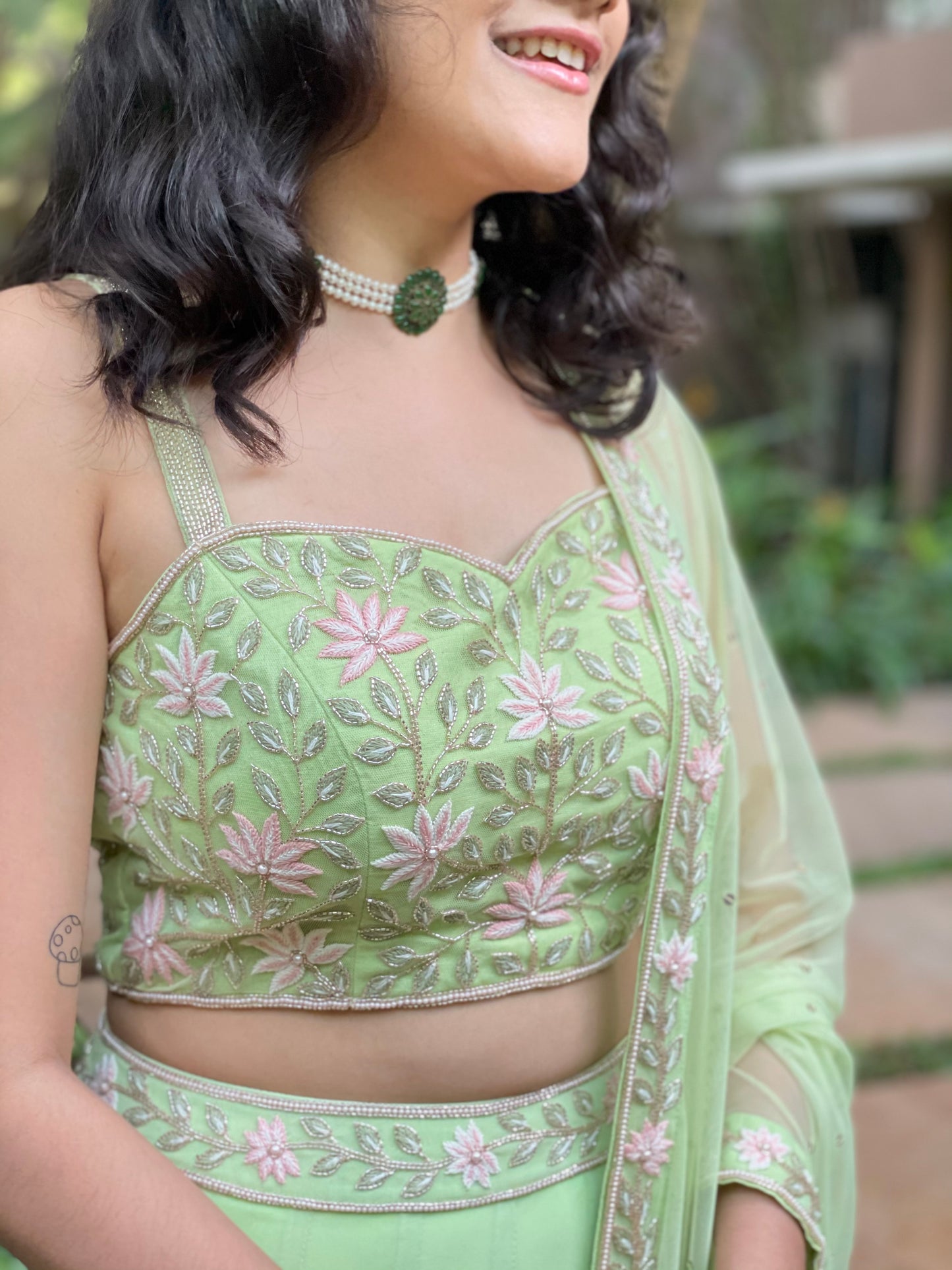 Mint green hand embroidered lehenga