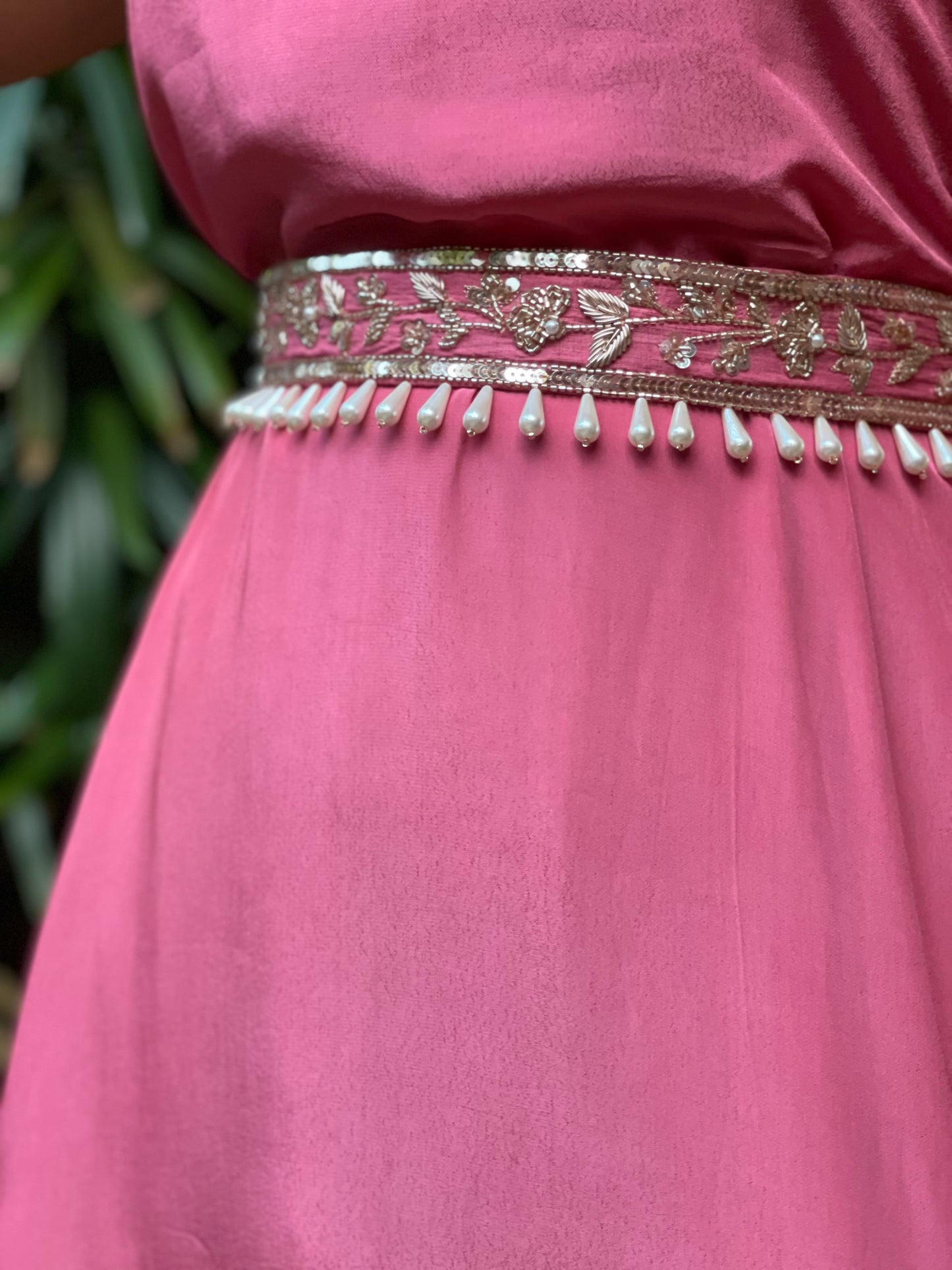 Dusty pink short kurta and gharara with a hand embroidered belt