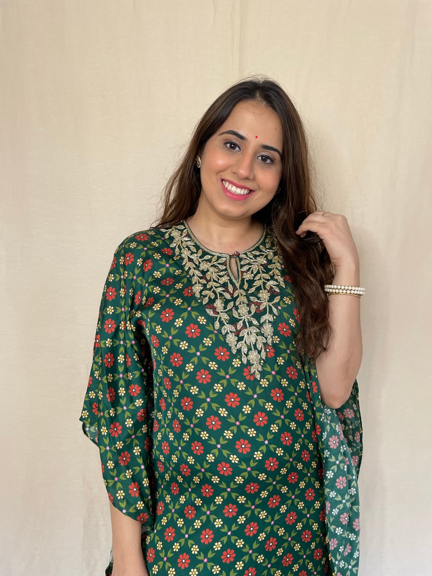 Bottle green floral printed kaftan with a hand embroidered yoke and pyjama
