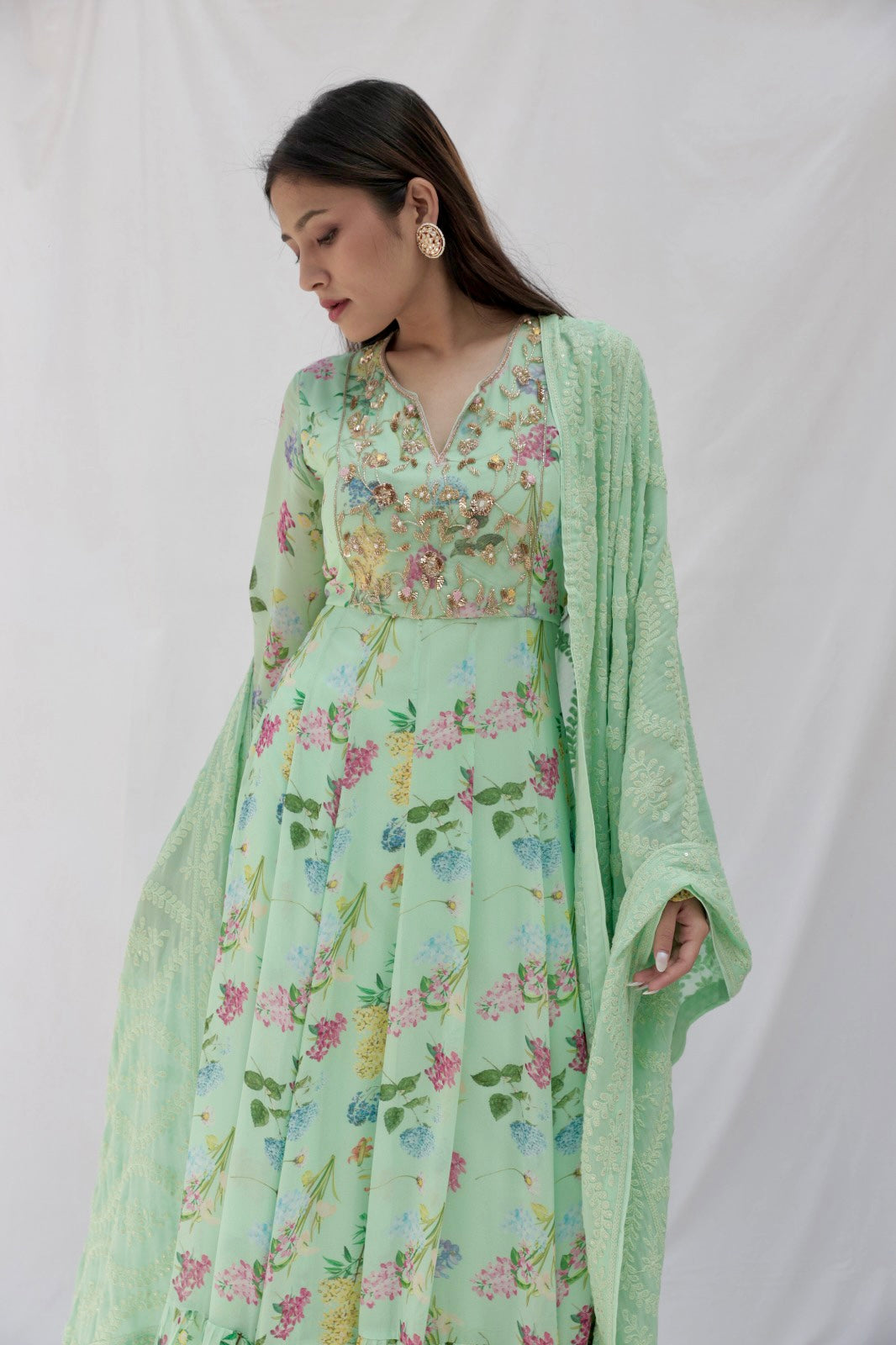 Mint green floral printed anarkali set with a hand embroidered yoke and dupatta