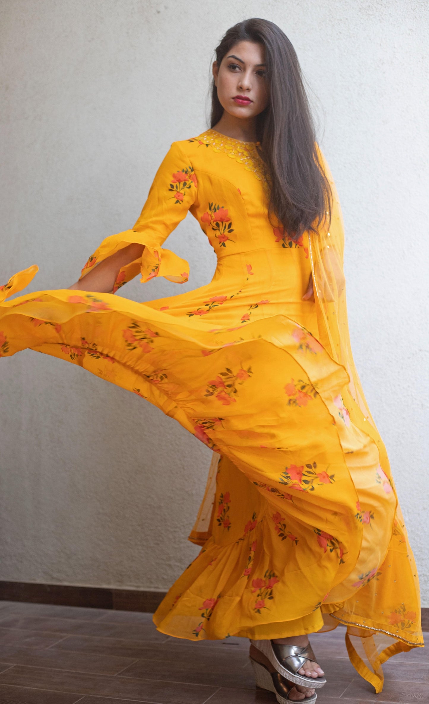 Mustard yellow floral ruffle anarkali with a hand embroidered yoke and dupatta