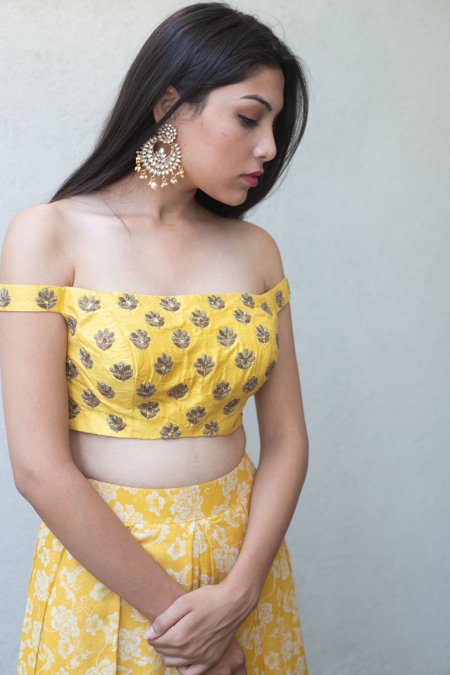 Hand embroidered off shoulder crop with high waisted yellow- white floral printed palazzos