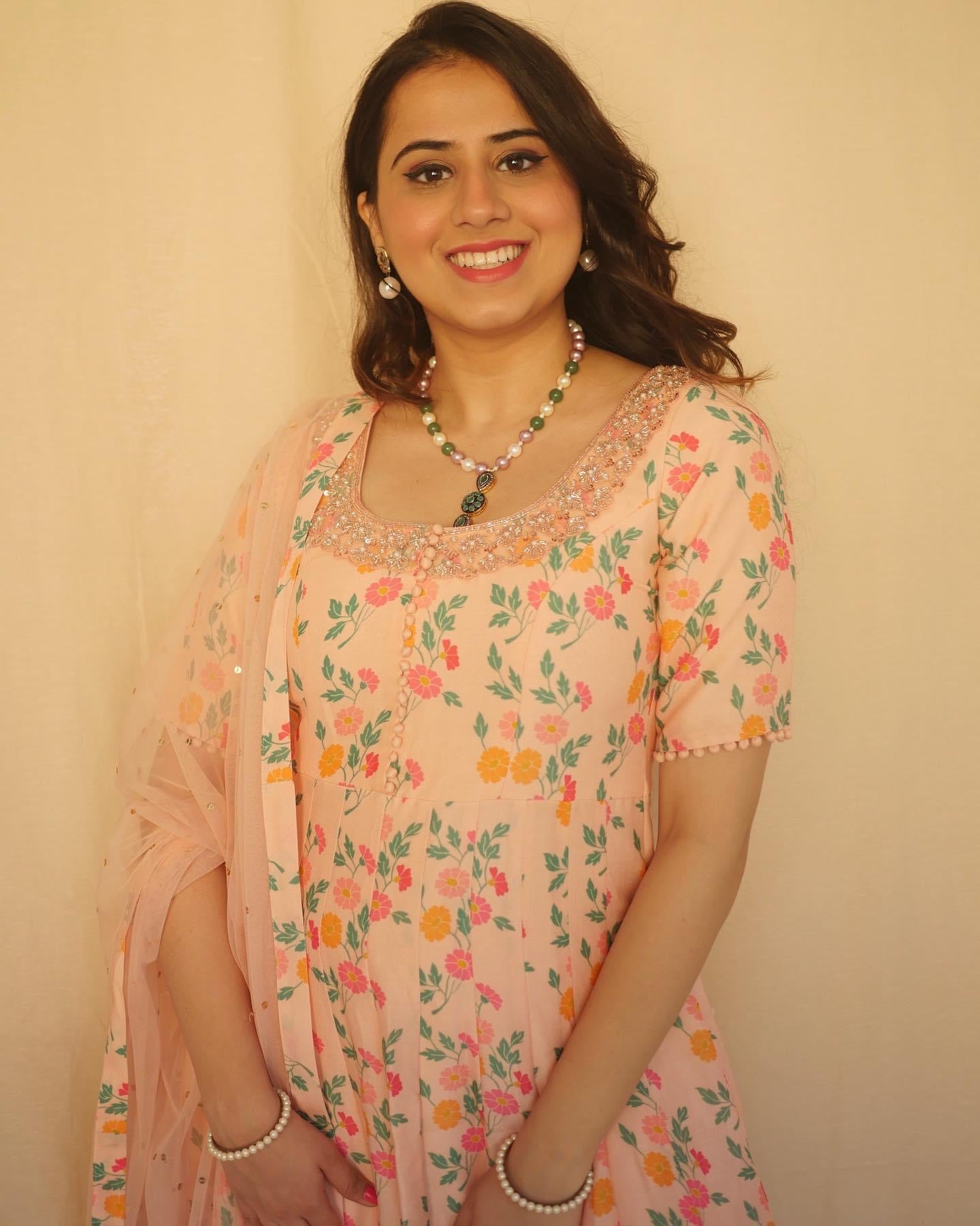 Dusty pink floral printed and hand embroidered anarkali set