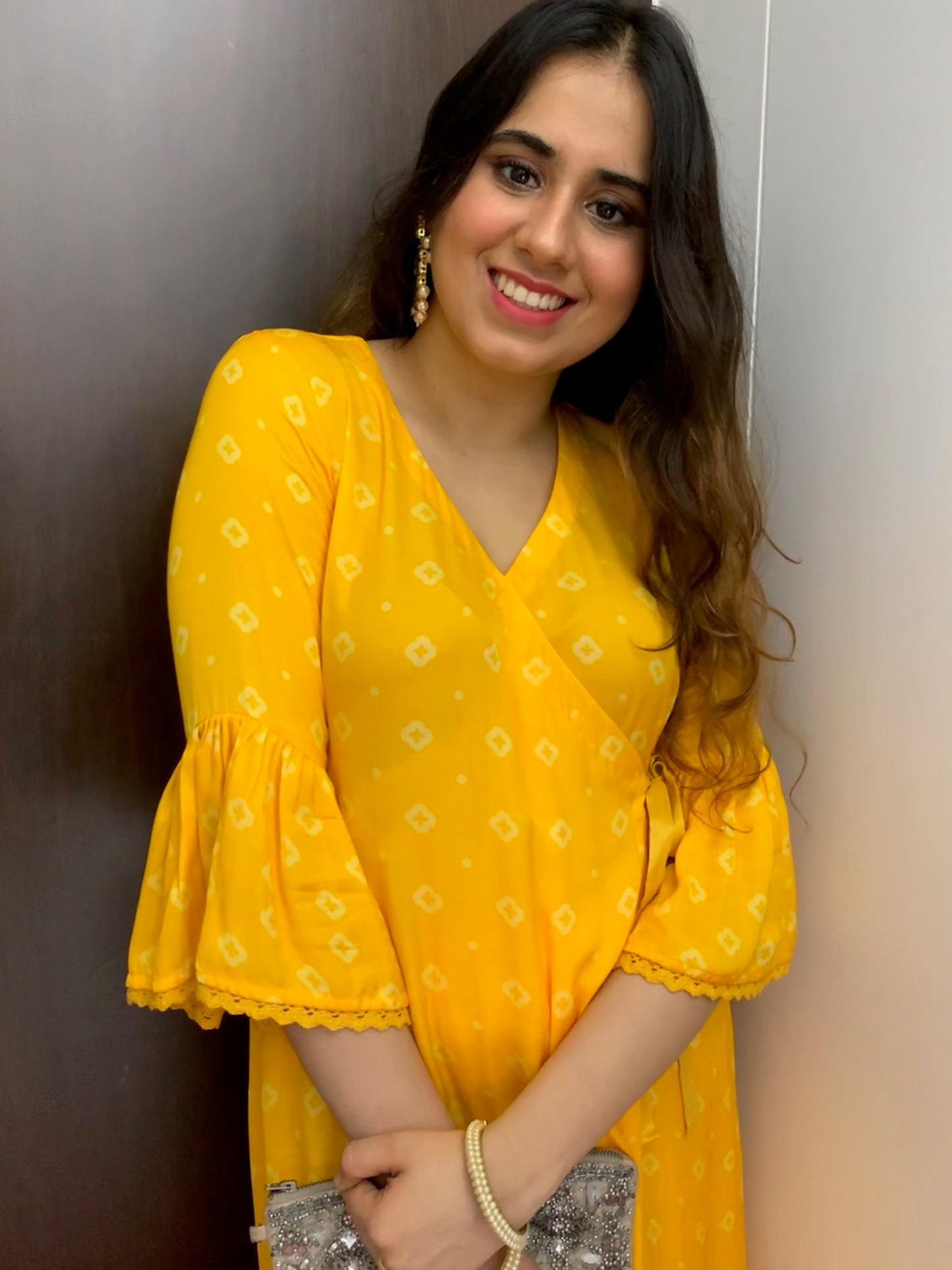 Sunny yellow floral and polka dot printed wrap around kurta and pyjama