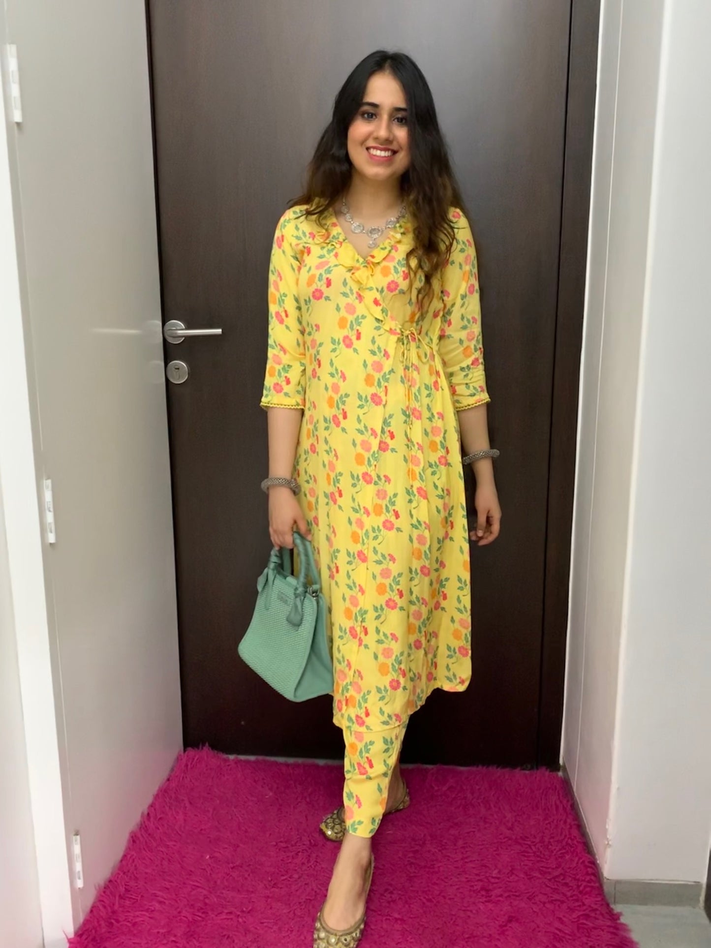 Butter yellow floral printed wrap around kurta and pyjama