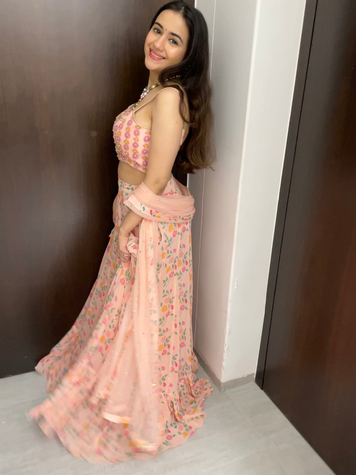 Soft pink floral printed lehenga set