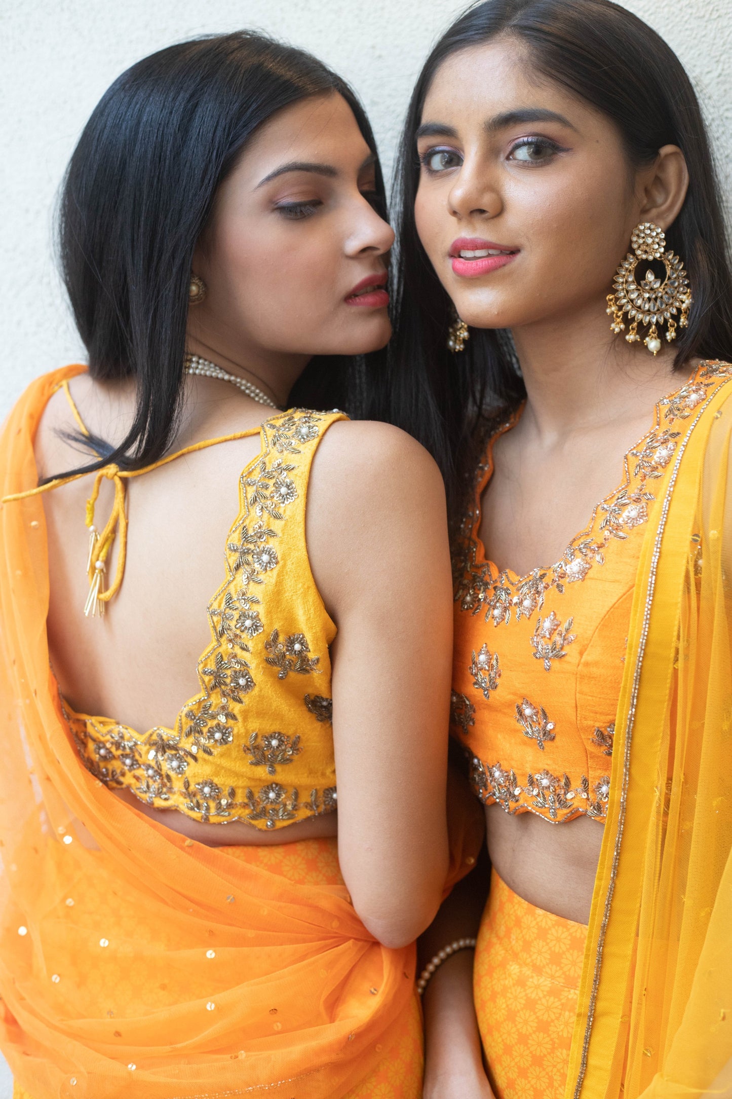 Yellow orange geometric floral lehenga