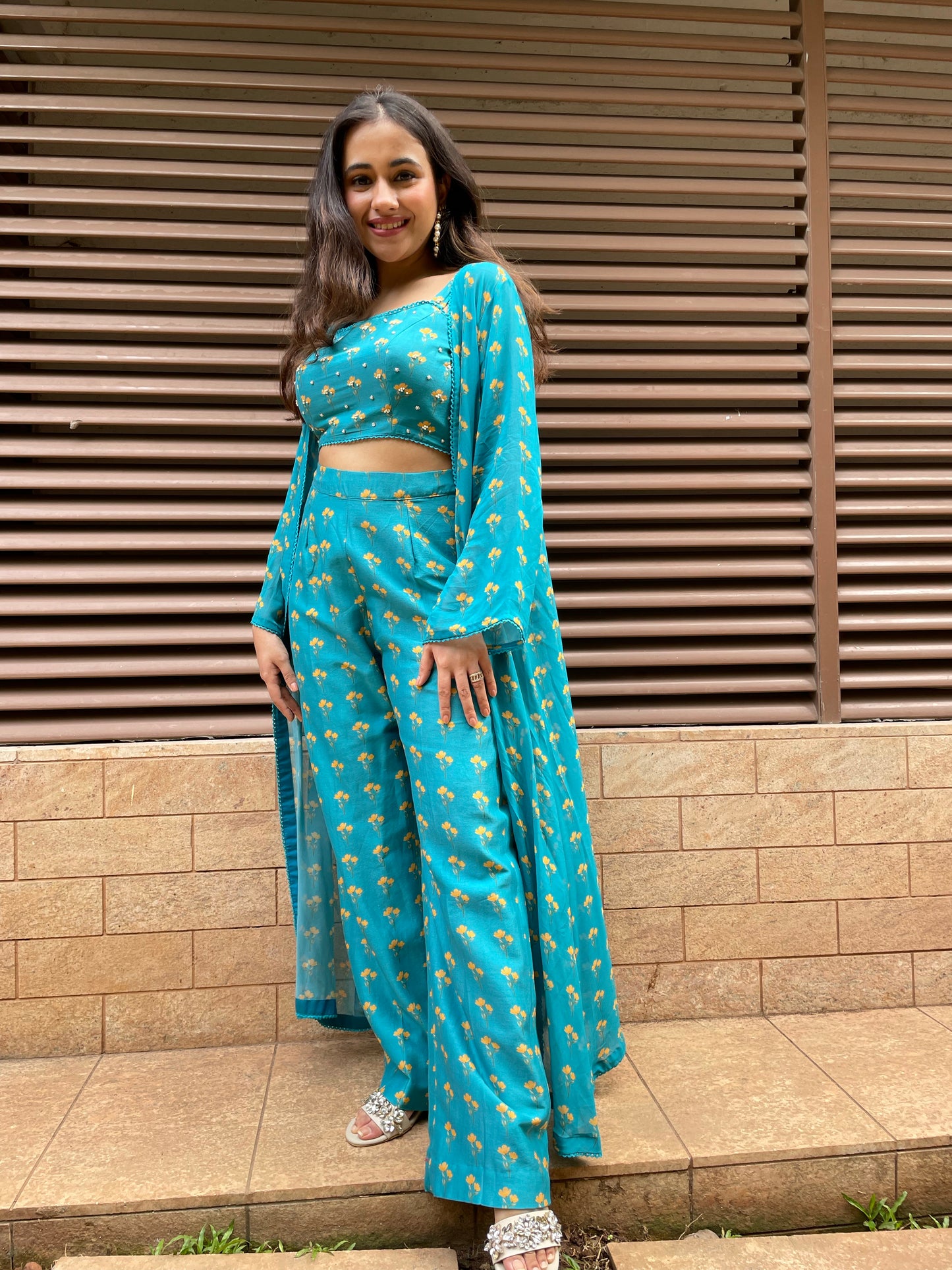 Peacock blue floral printed indo western set