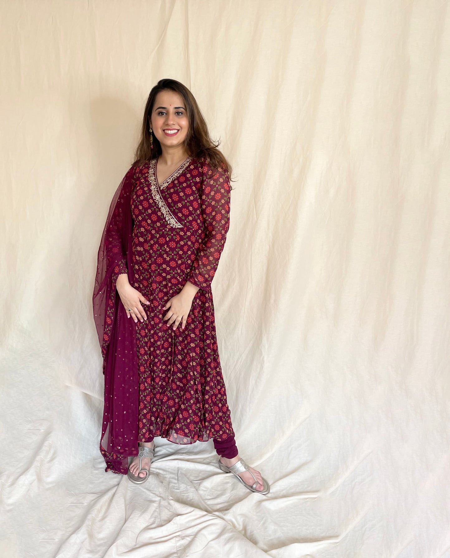 Wine red floral printed wrap anarkali with hand embroidery detailing