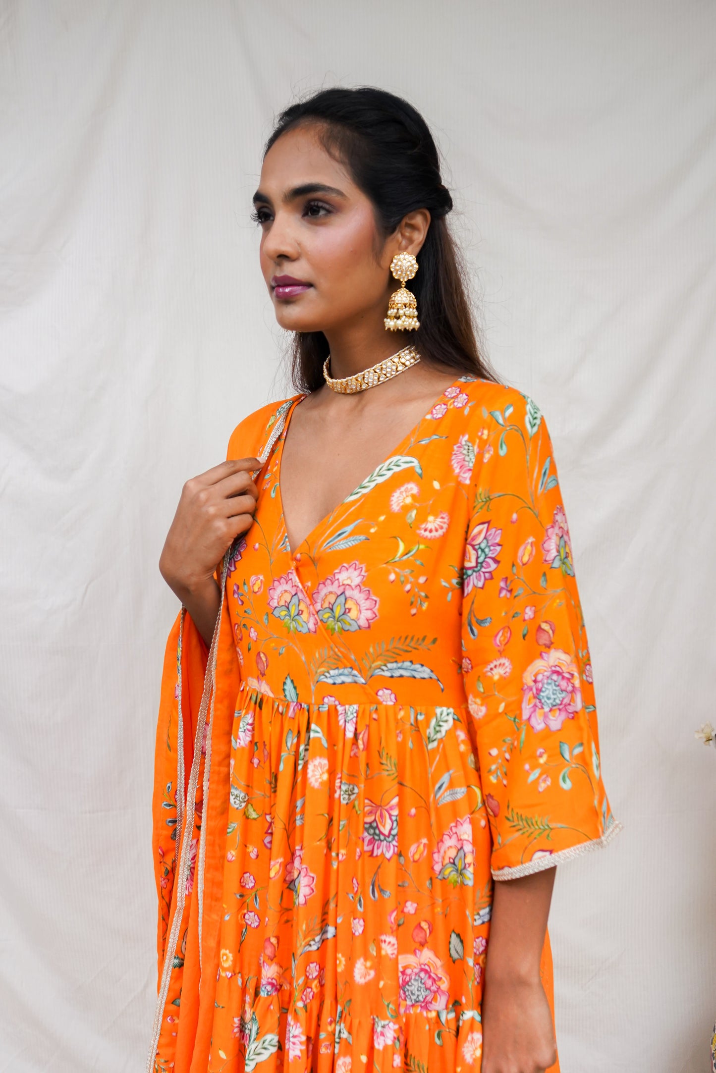 Orange layered kurta, pyjama and dupatta
