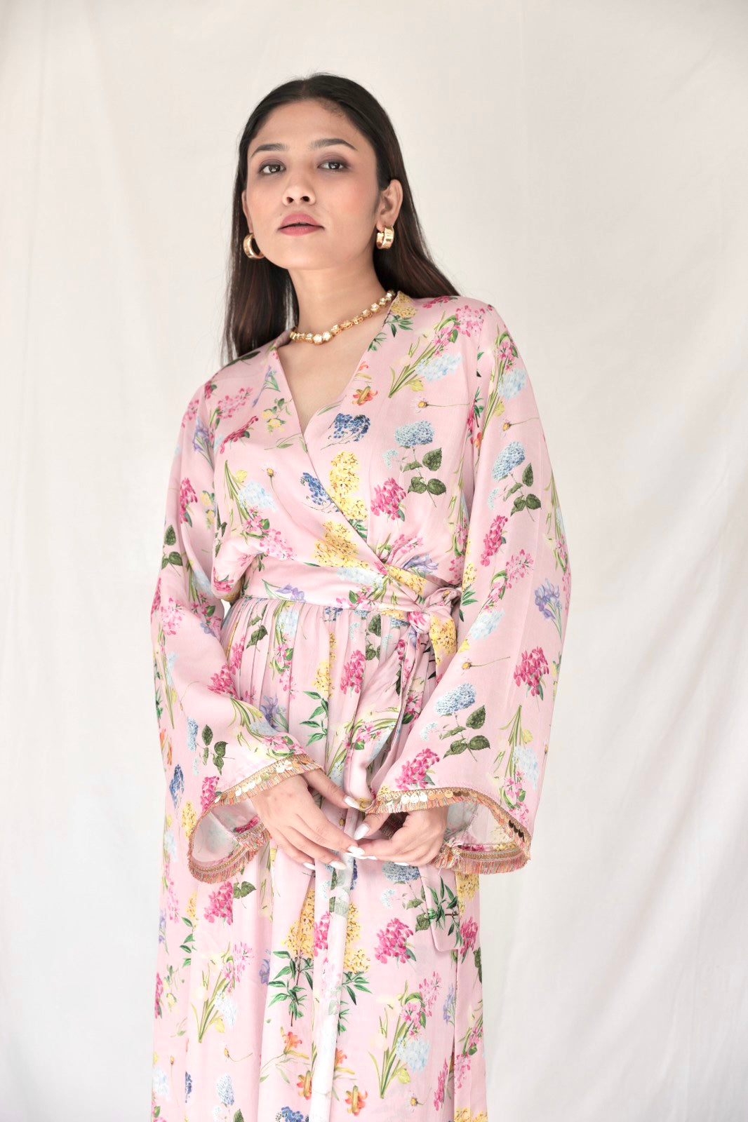 Dusty pink floral printed wrap kurta (with pockets) and pyjama pants with colourful lace and gold coin detailing