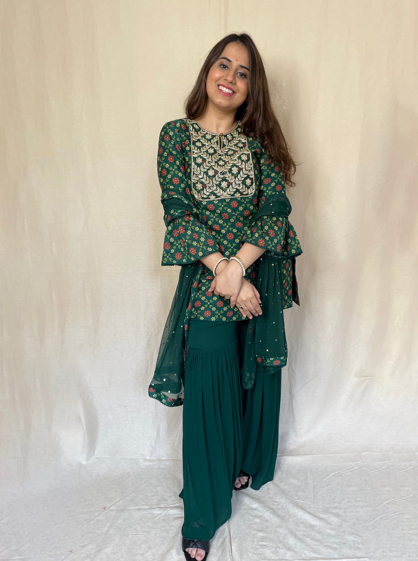 Bottle green floral sharara set