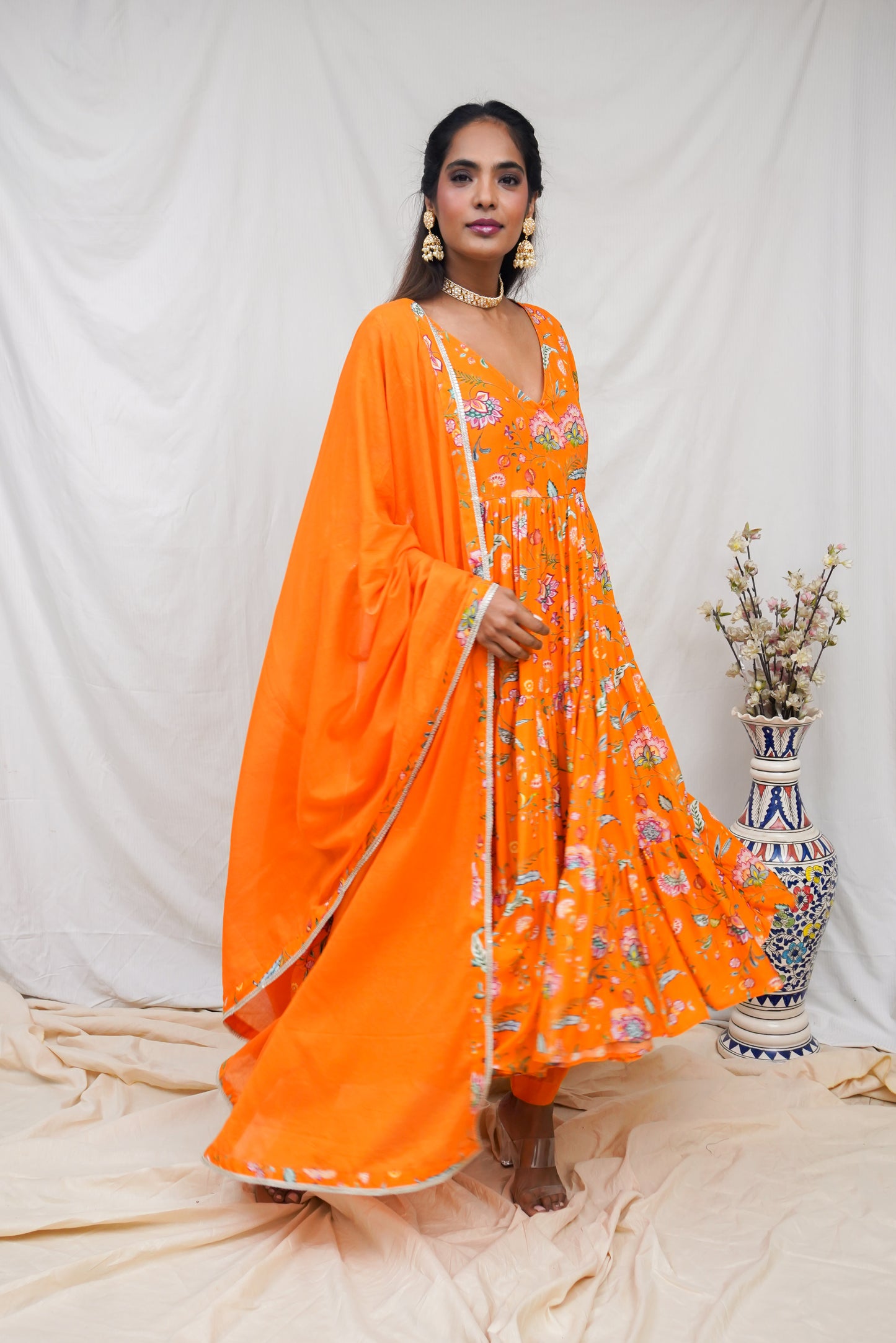 Orange layered kurta, pyjama and dupatta
