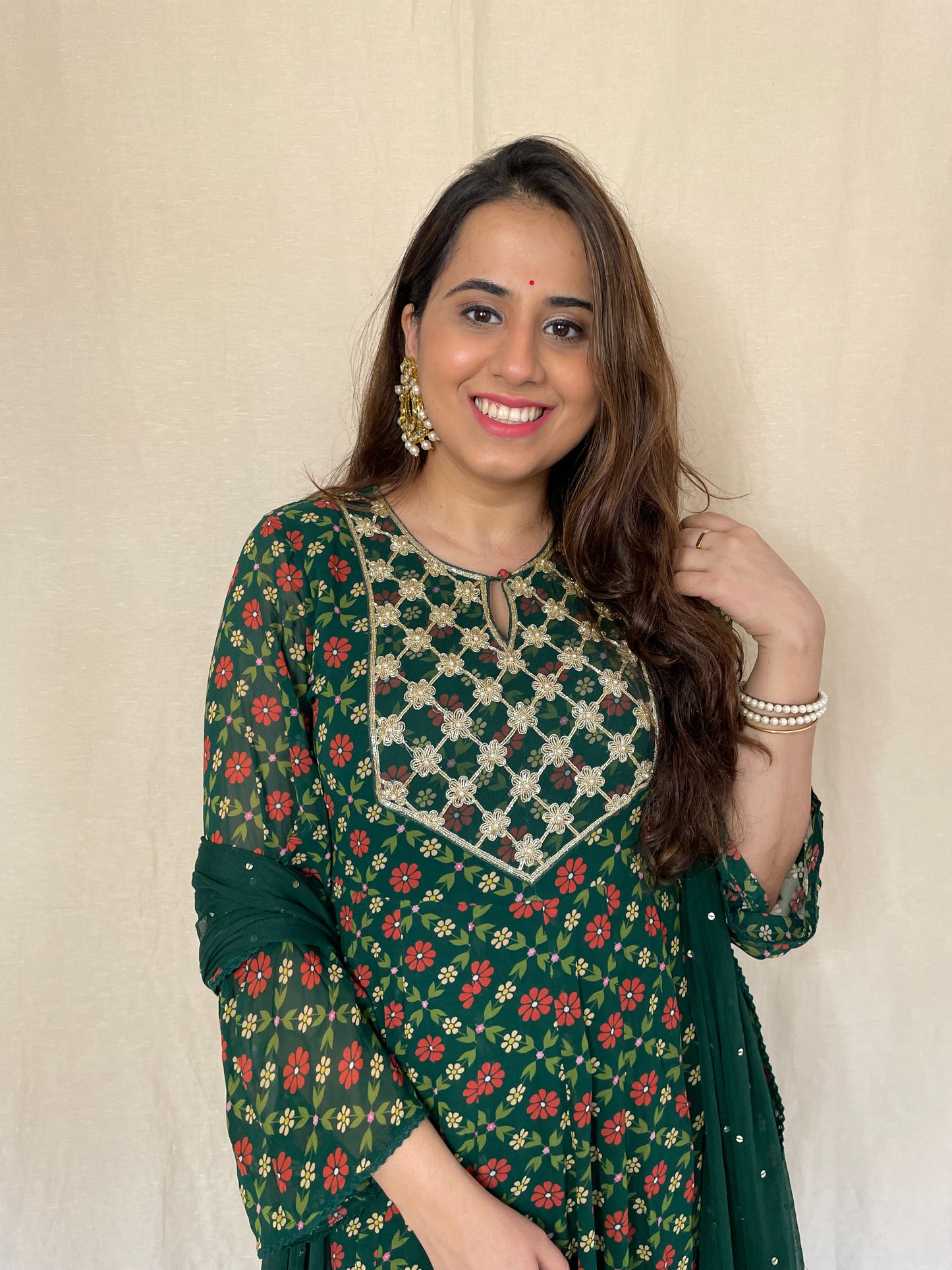 Bottle green floral printed anarkali with a hand embroidered yoke, dupatta and churidaar