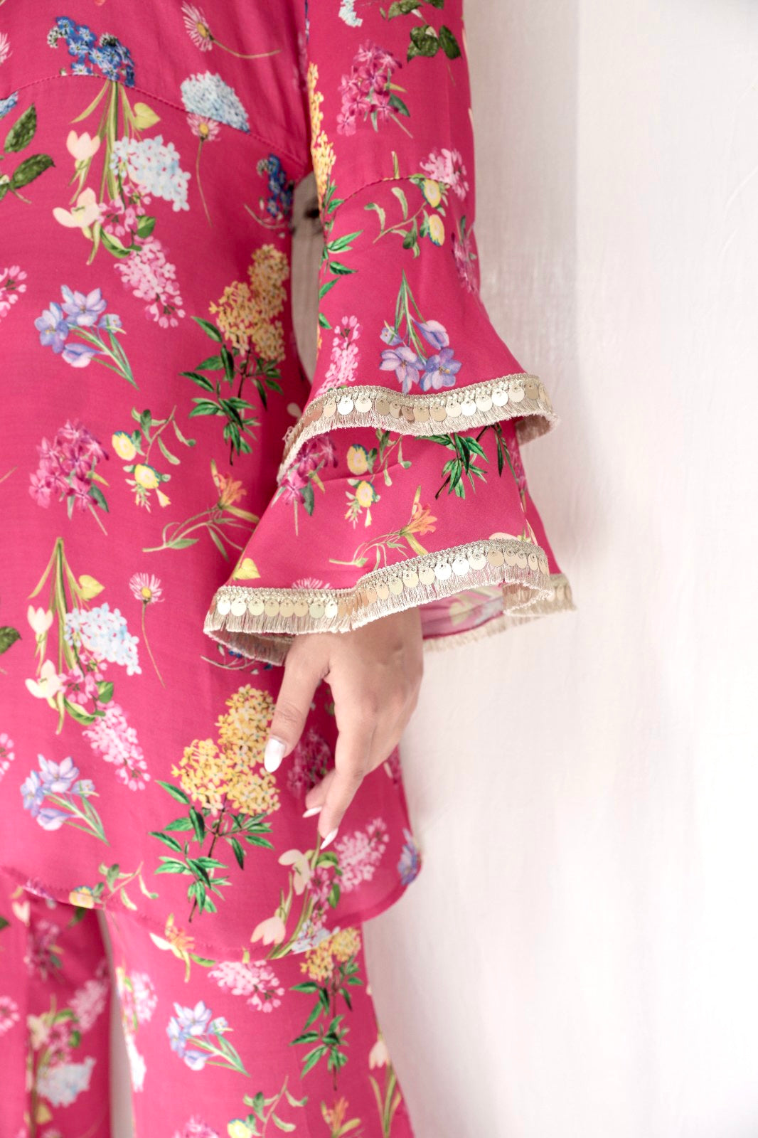 Carrot red printed kurta with embellished sleeves and flared pants