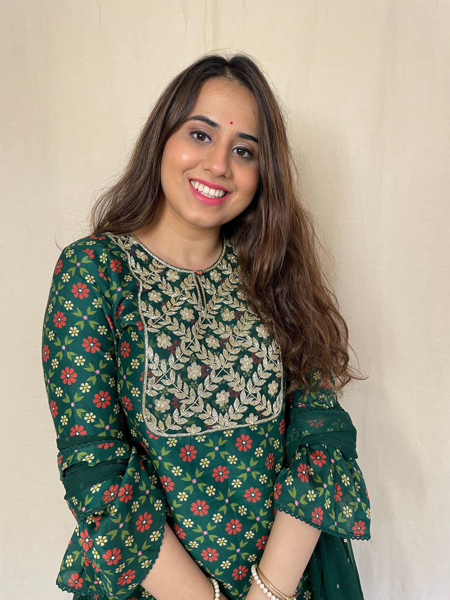 Bottle green floral sharara set