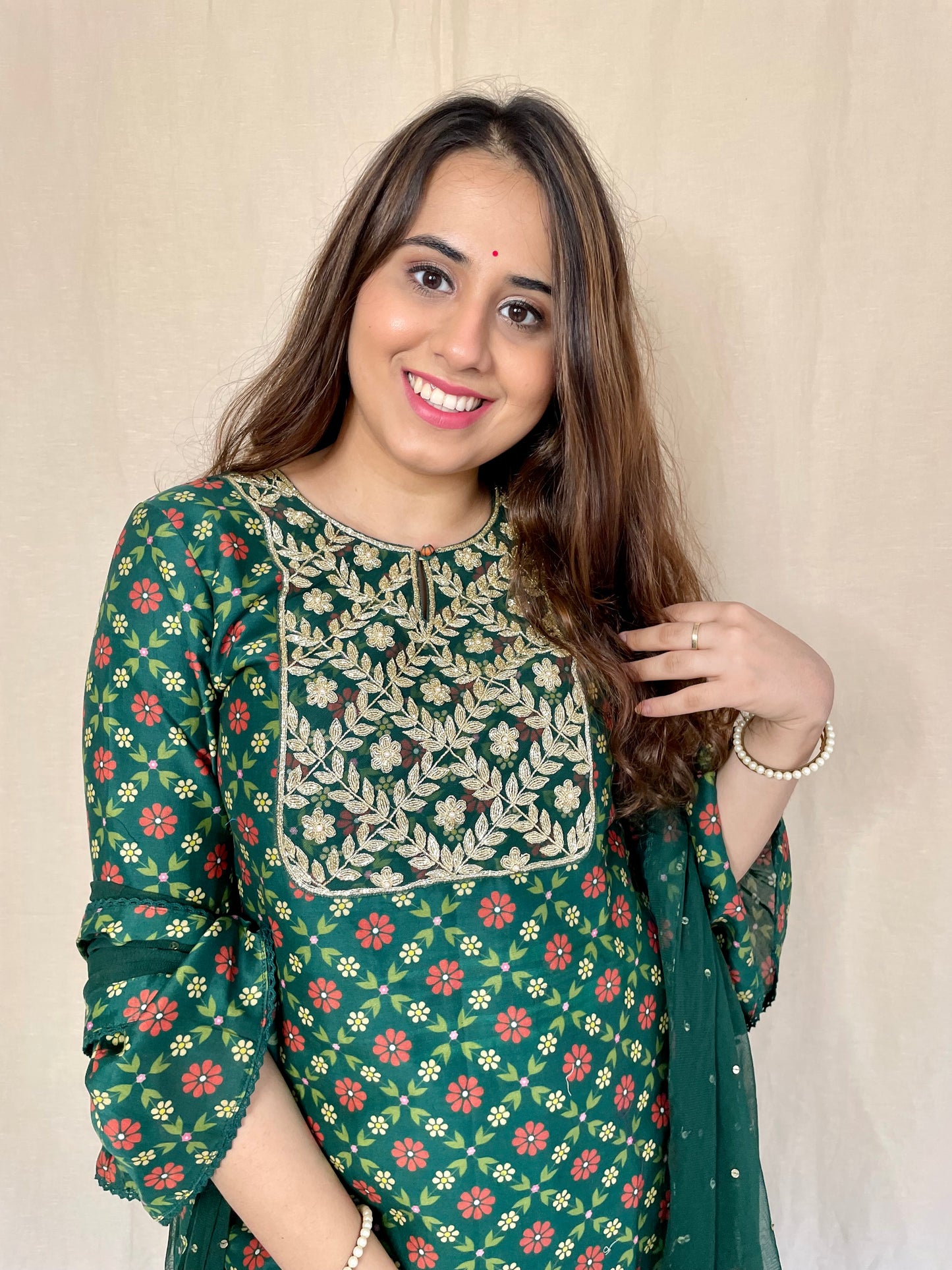 Bottle green floral sharara set