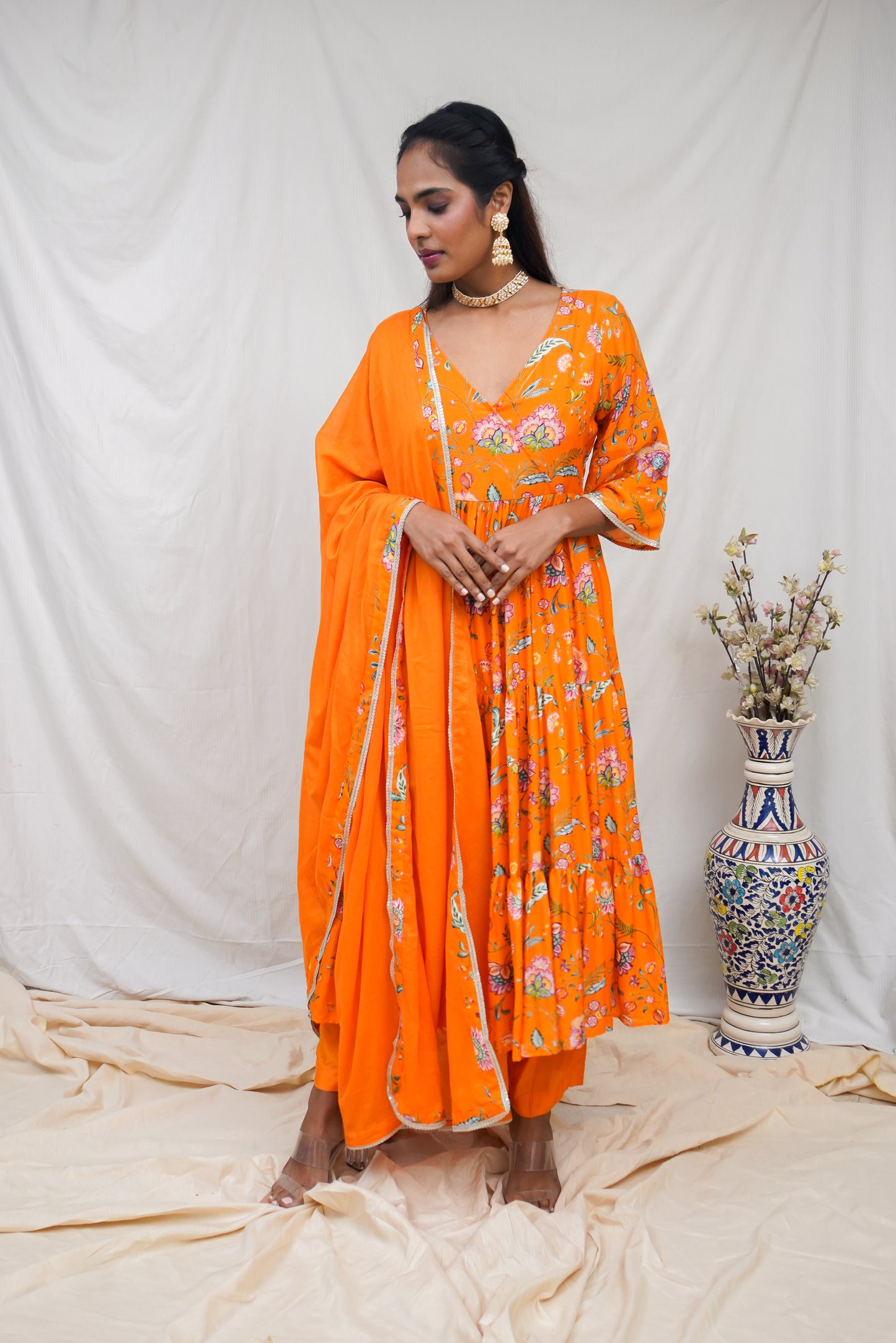 Orange layered kurta, pyjama and dupatta