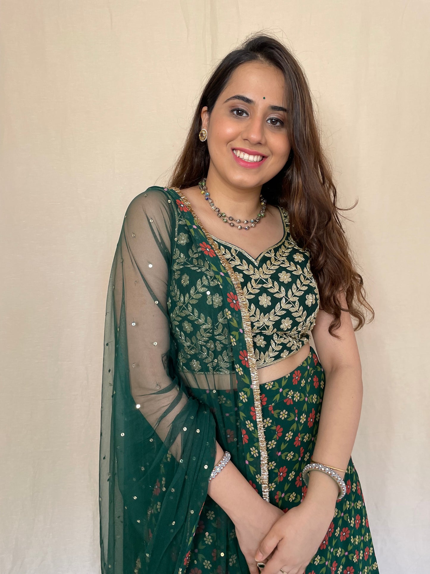 Bottle green floral printed and embroidered lehenga set