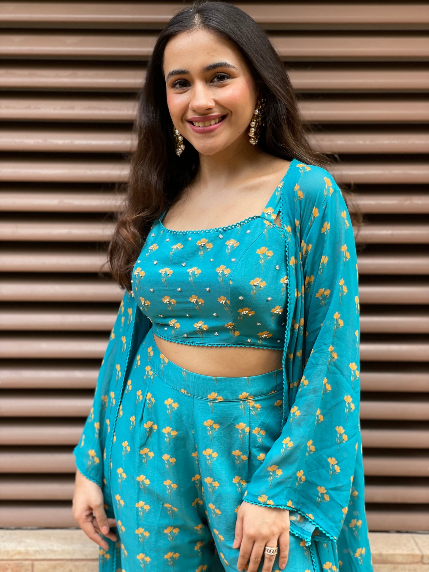 Peacock blue floral printed indo western set