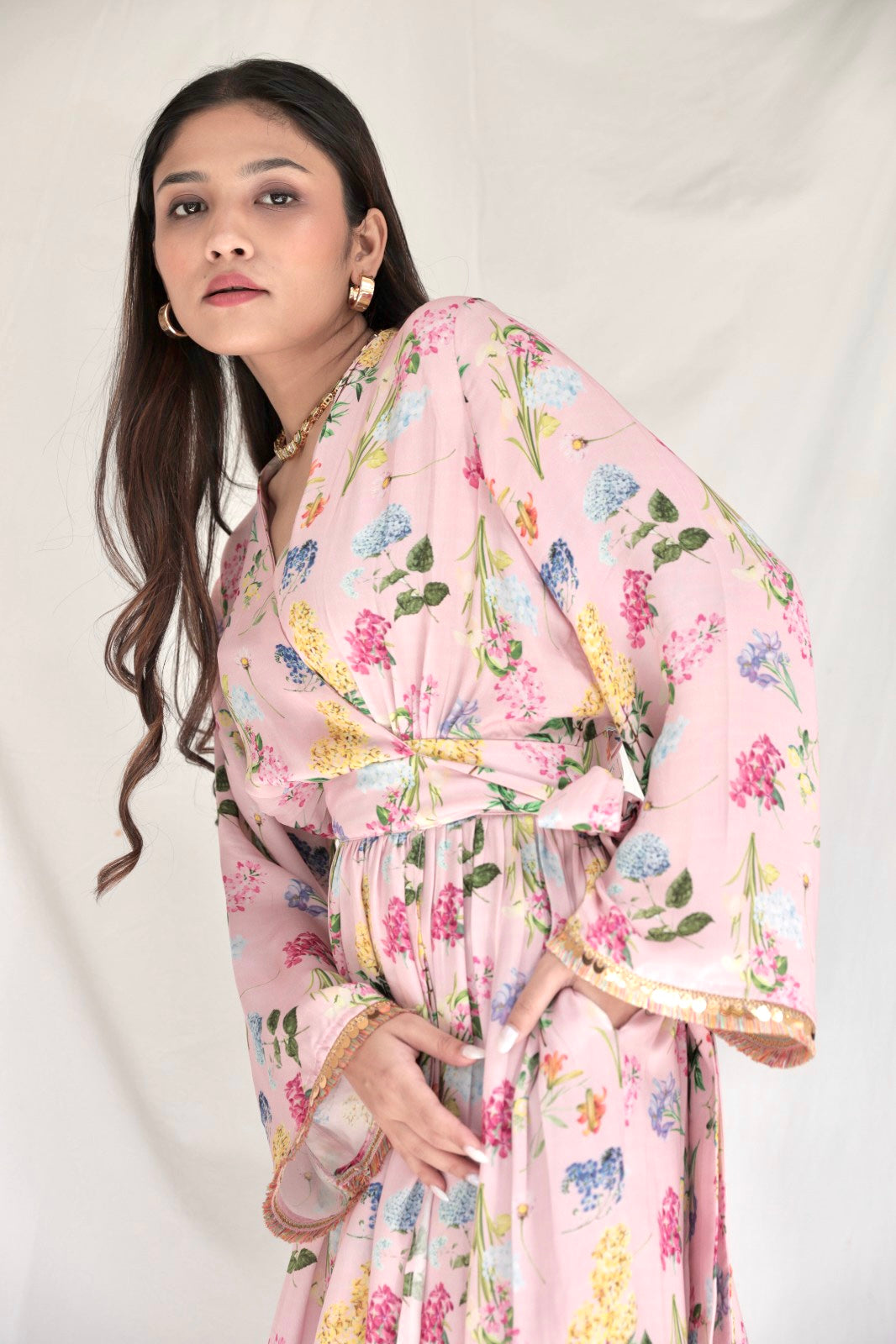 Dusty pink floral printed wrap kurta (with pockets) and pyjama pants with colourful lace and gold coin detailing