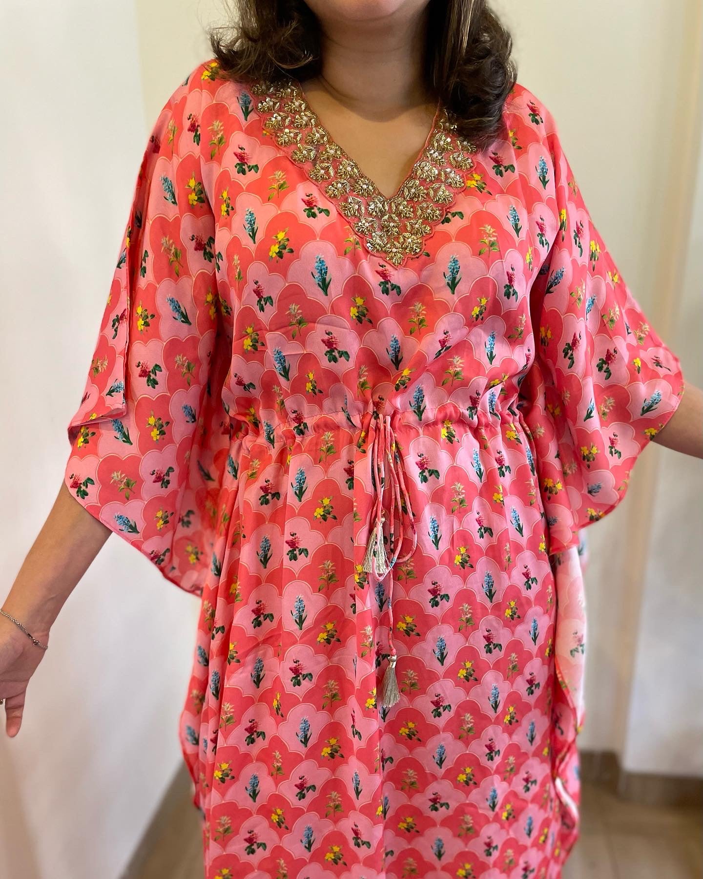 Pink floral printed kaftan with a hand embroidered neckline