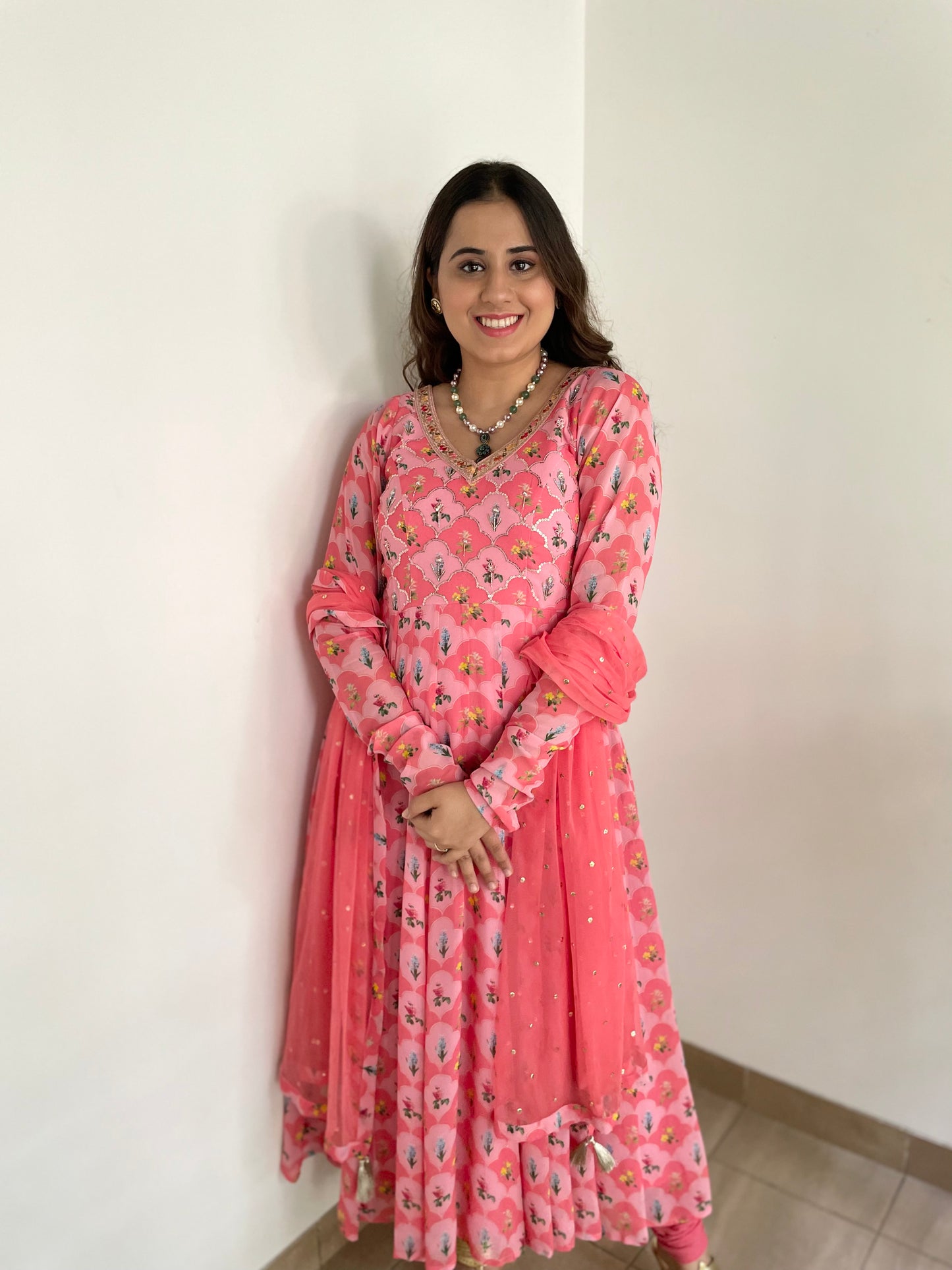Pink floral printed anarkali set with an embellished bodice