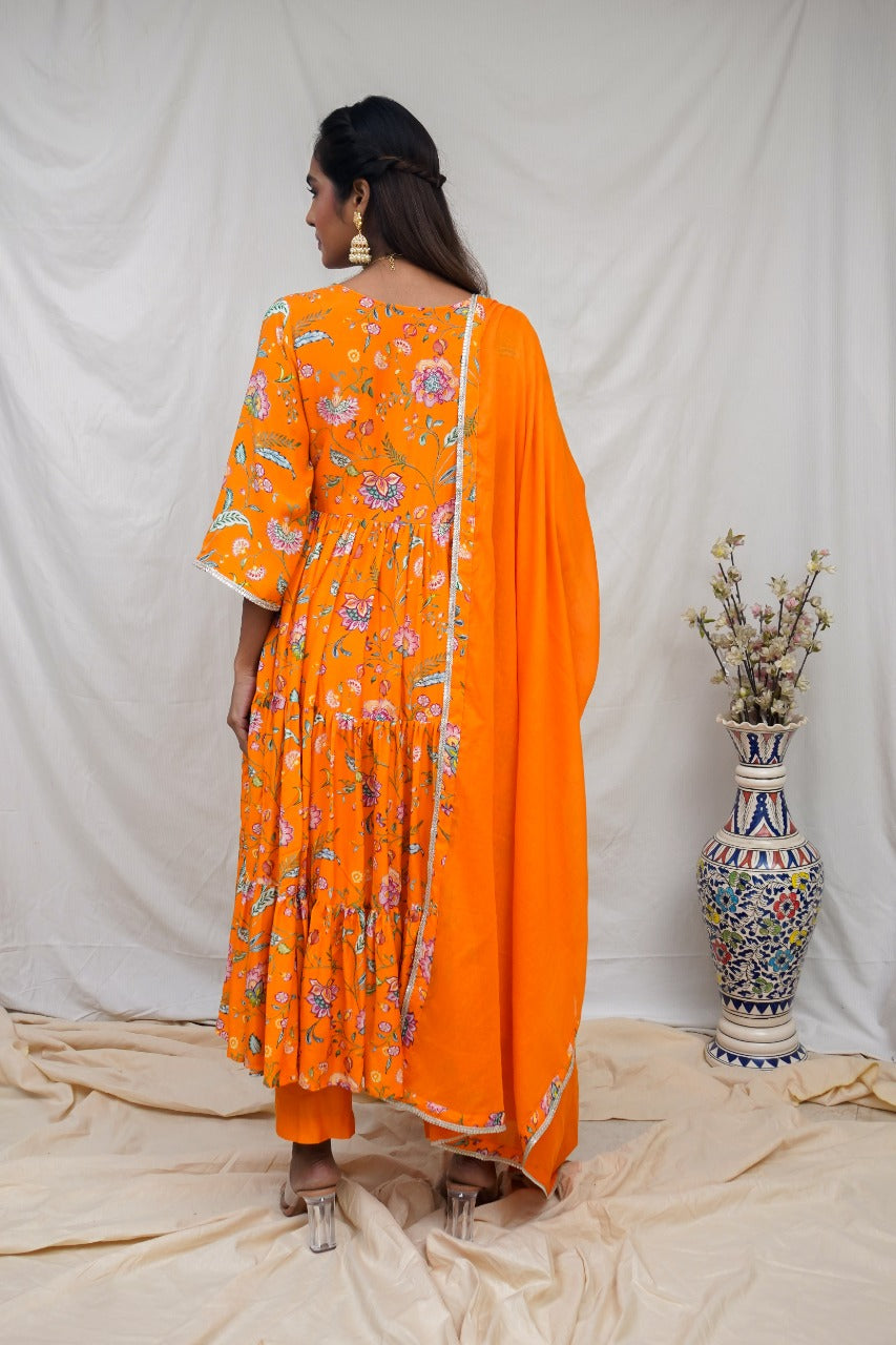 Orange layered kurta, pyjama and dupatta