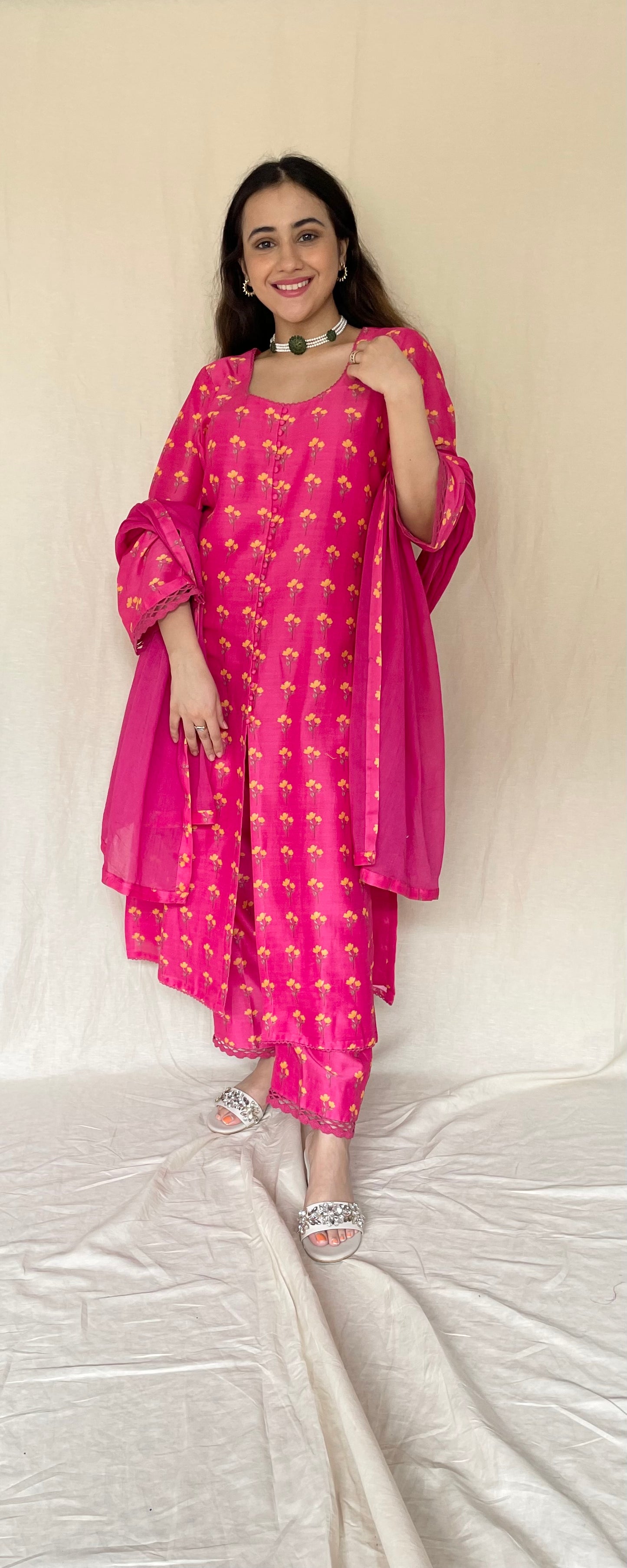 Rani pink chanderi kurta, pyjama and dupatta