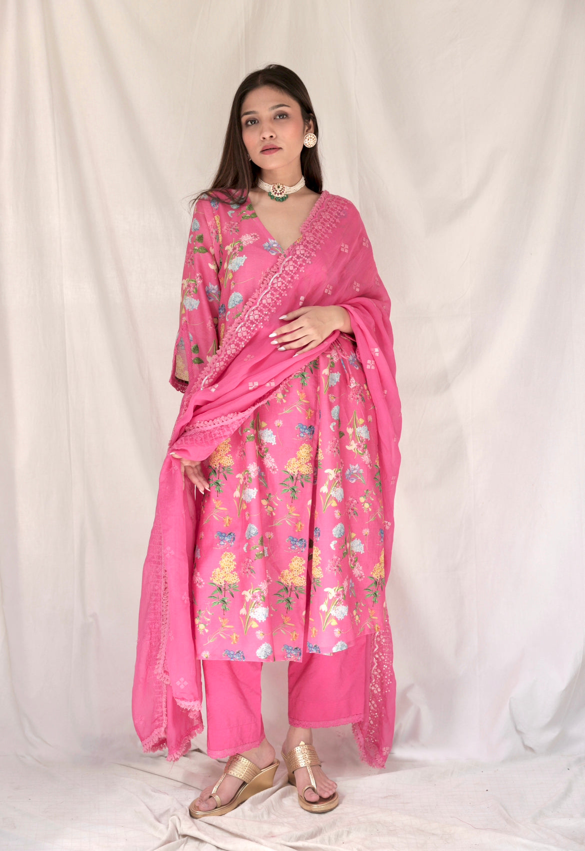 Deep pink floral printed kurta set with an embellished organza dupatta