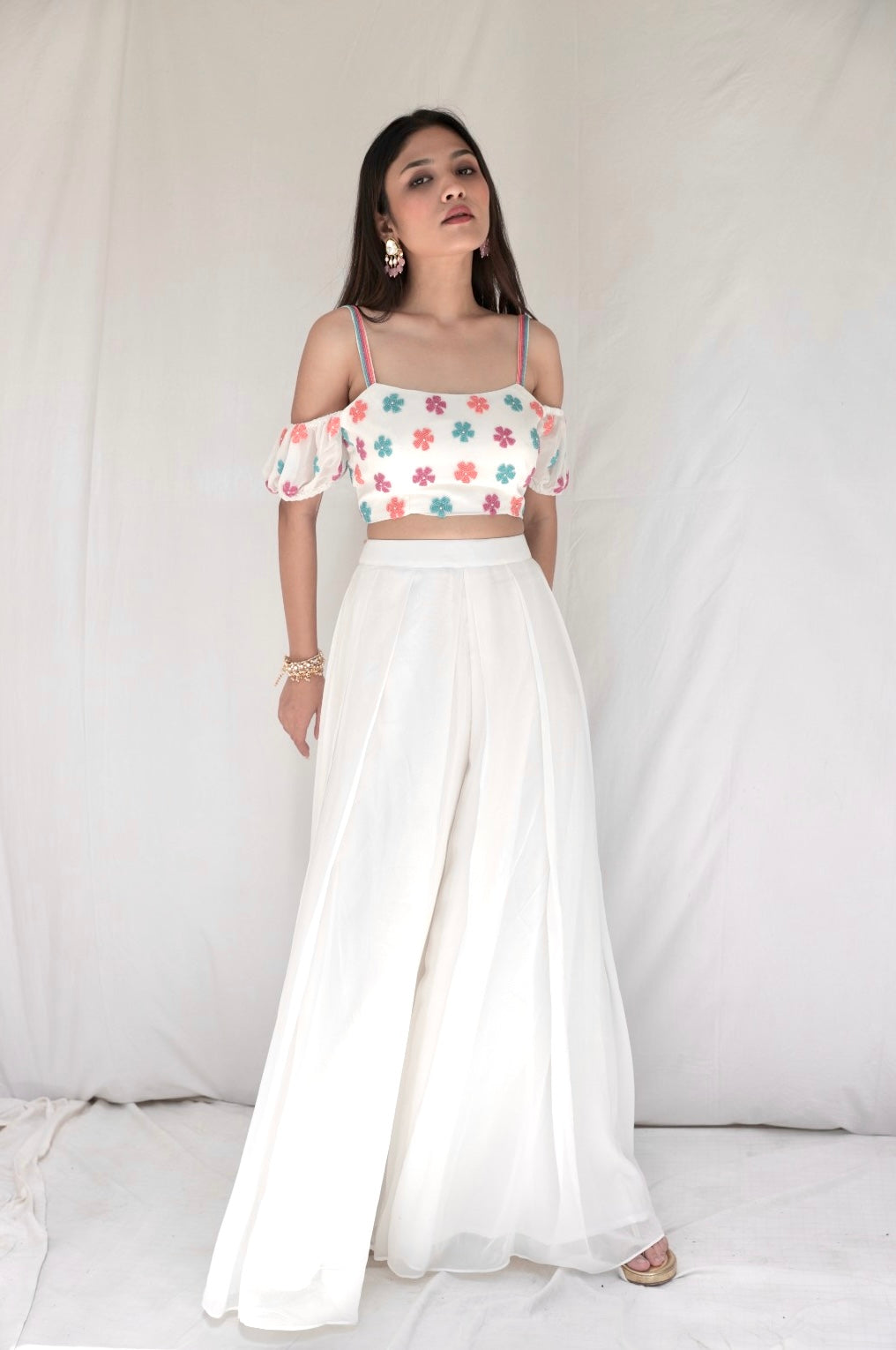 Hand embroidered colourful beaded cream crop top with high waisted palazzo pants