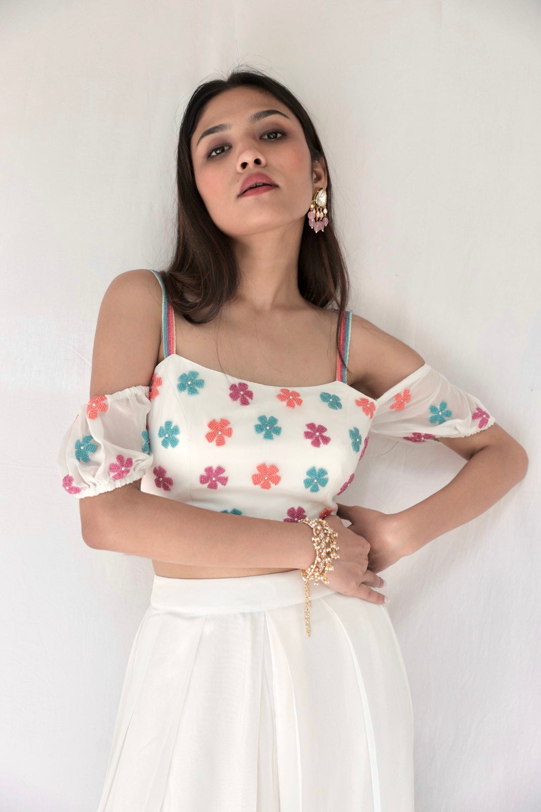 Hand embroidered colourful beaded cream crop top with high waisted palazzo pants
