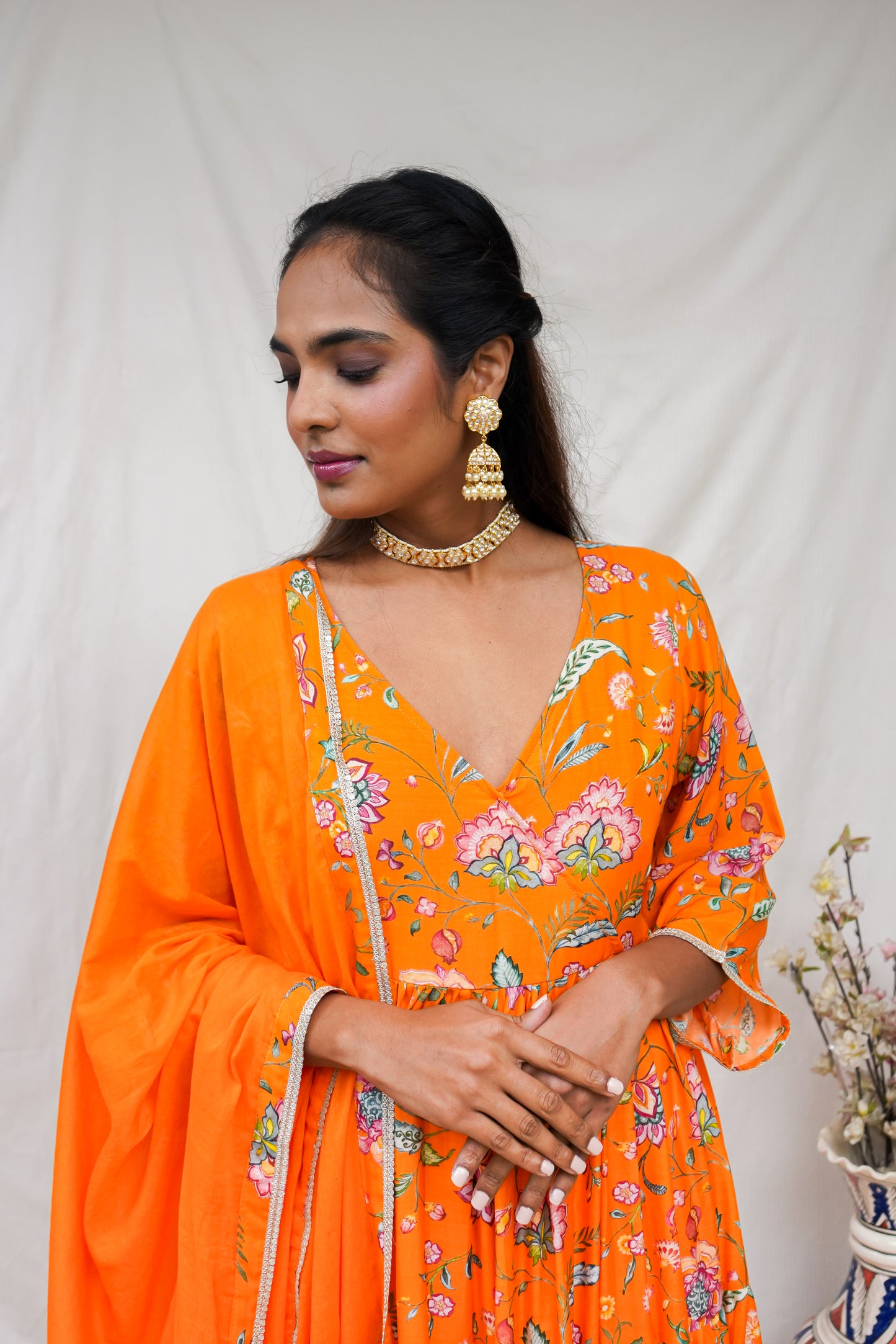 Orange layered kurta, pyjama and dupatta