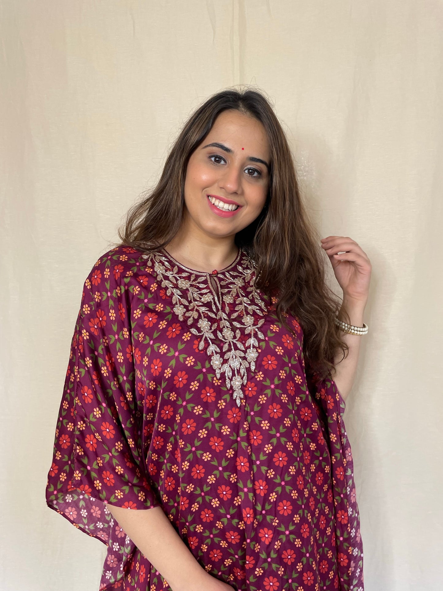 Wine red floral printed kaftan with a hand embroidered yoke and pyjama