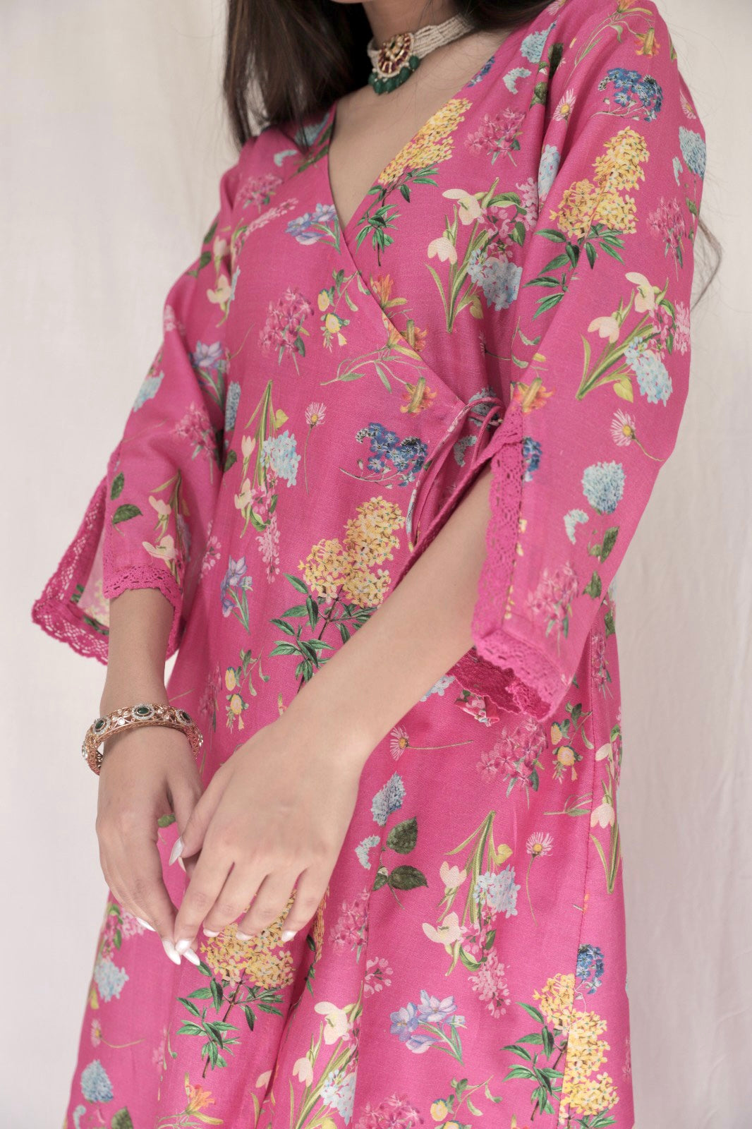 Deep pink floral printed kurta set with an embellished organza dupatta