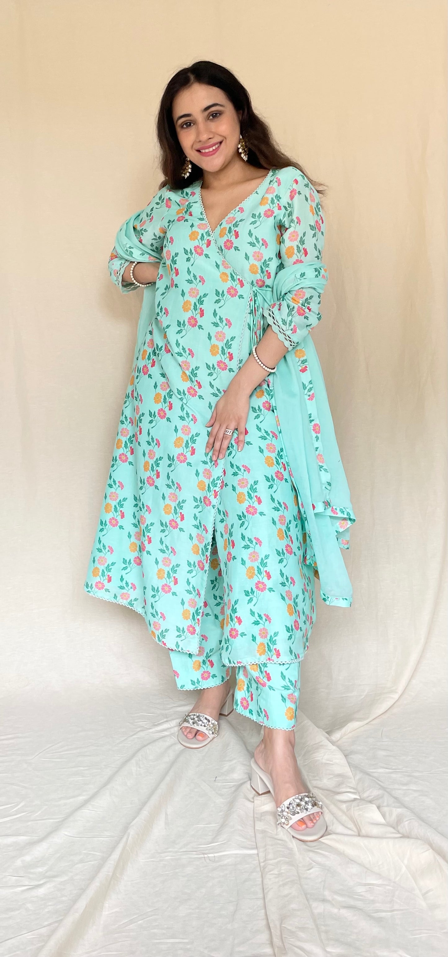 Aqua floral printed kurta, pyjama and dupatta