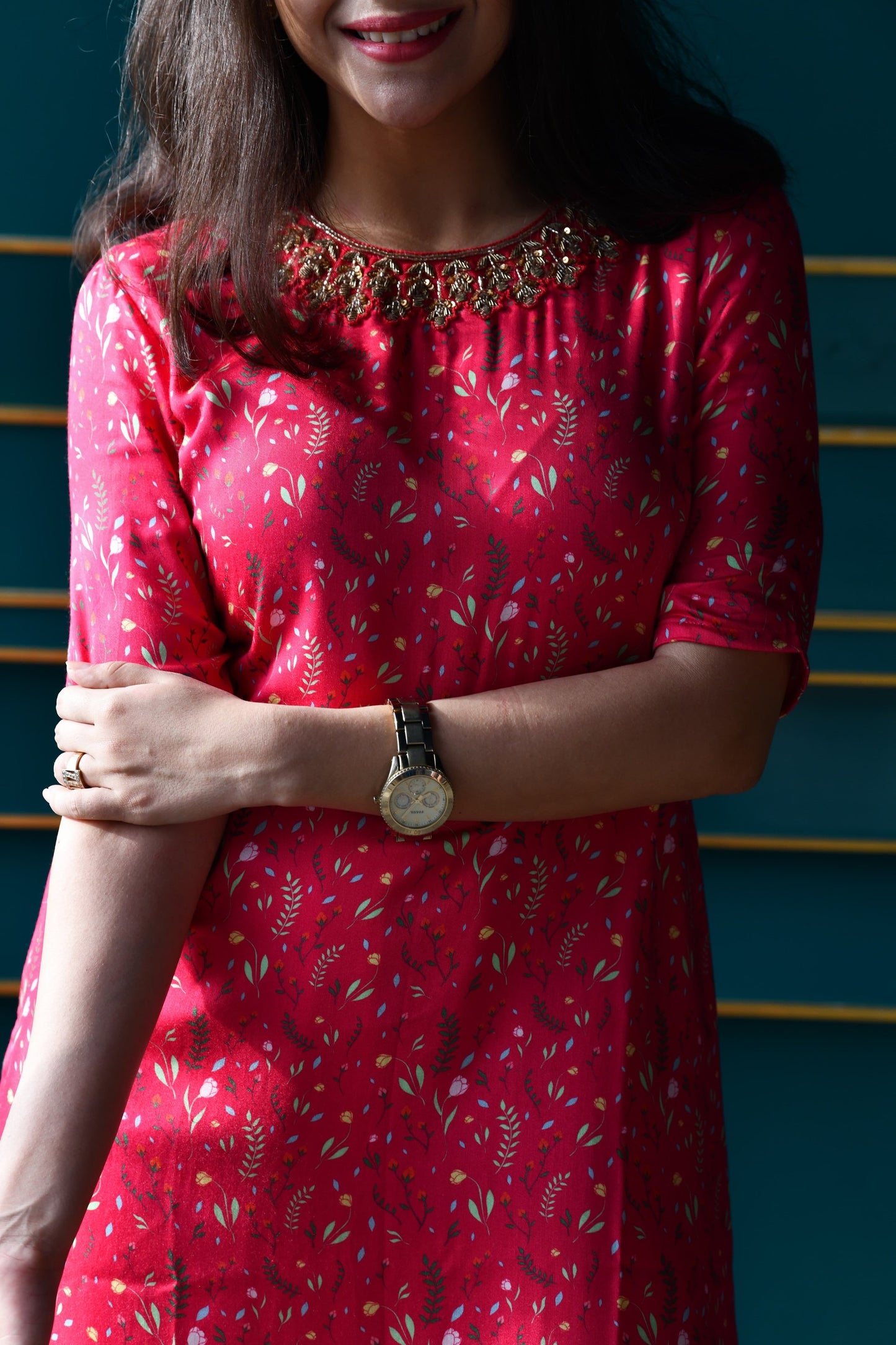 Deep pink floral printed kurta with a hand embroidered yoke and dupatta