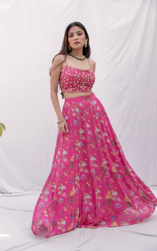 Deep pink floral printed lehenga with a hand embroidered blouse