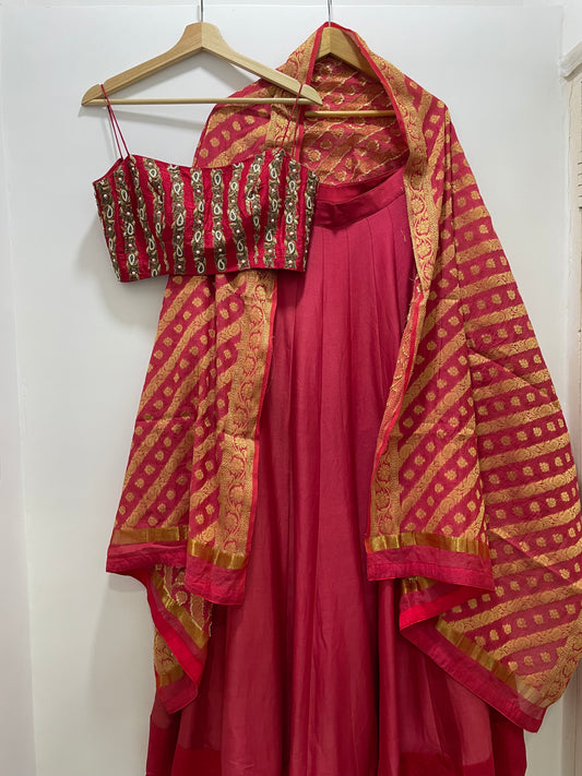 Deep red linear embroidered blouse with a high waisted chanderi lehenga & handwoven dupatta