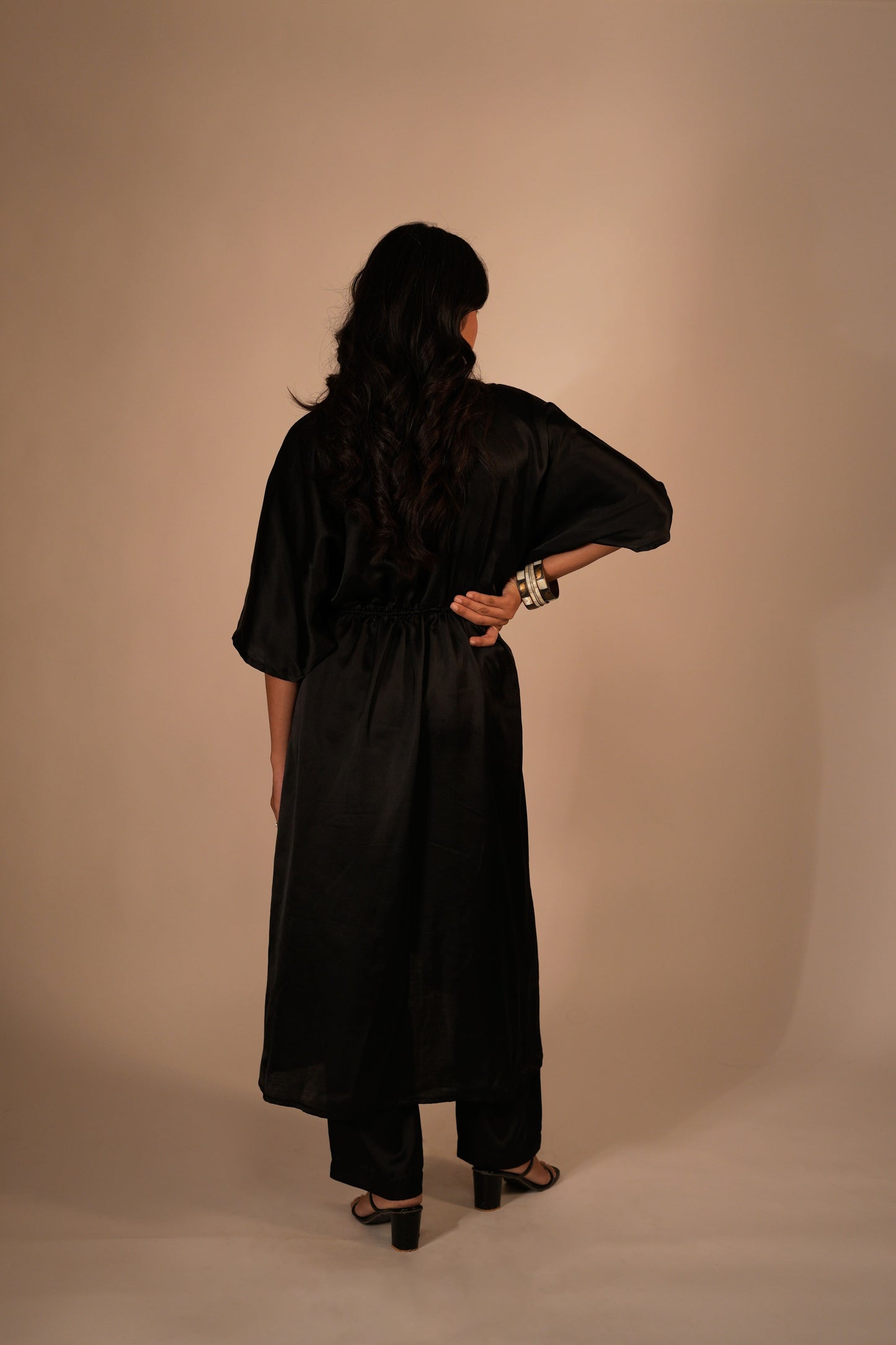 Black kaftan set with a hand embroidered neckline and front tie up