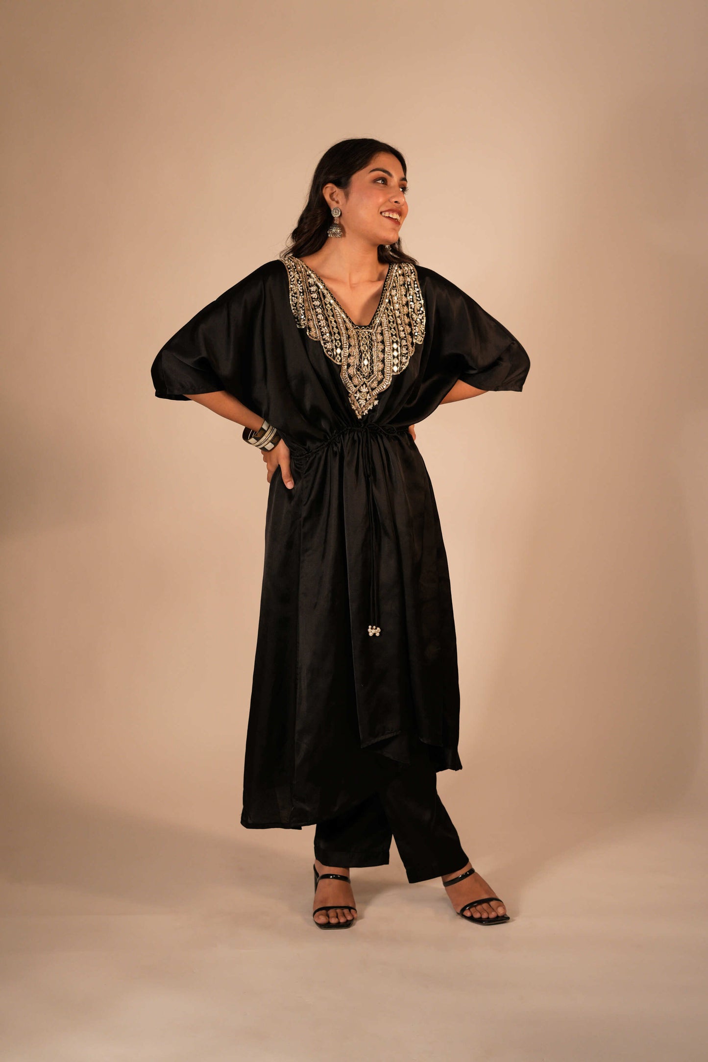 Black kaftan set with a hand embroidered neckline and front tie up