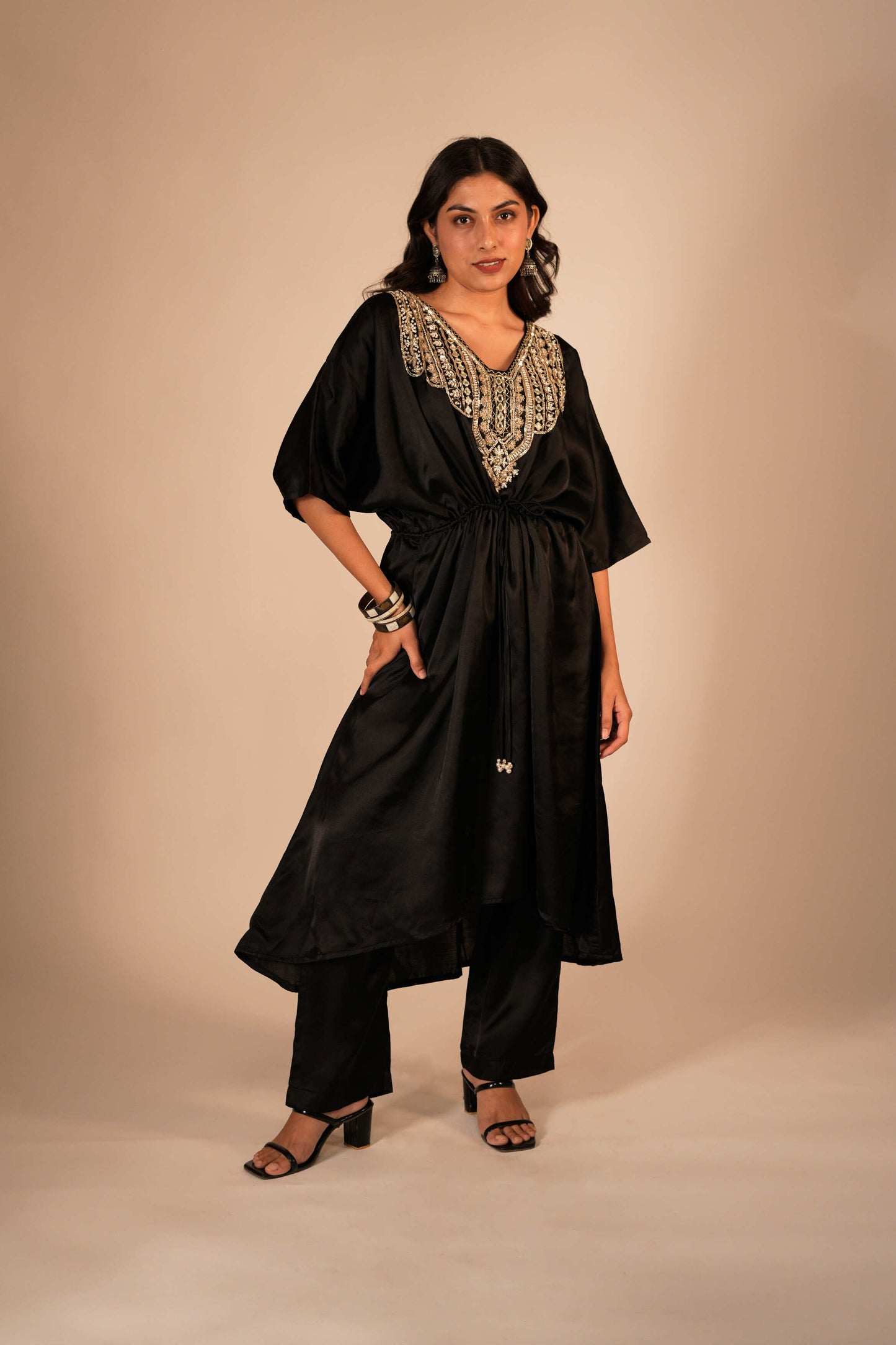 Black kaftan set with a hand embroidered neckline and front tie up
