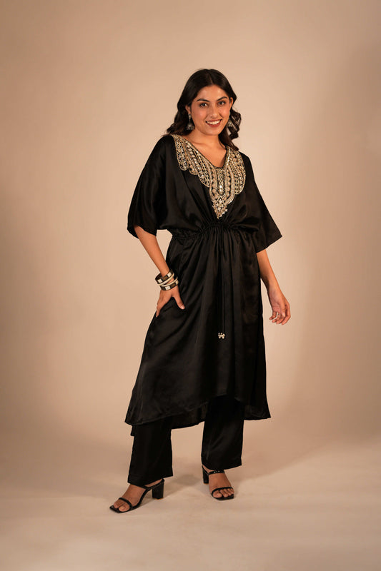 Black kaftan set with a hand embroidered neckline and front tie up