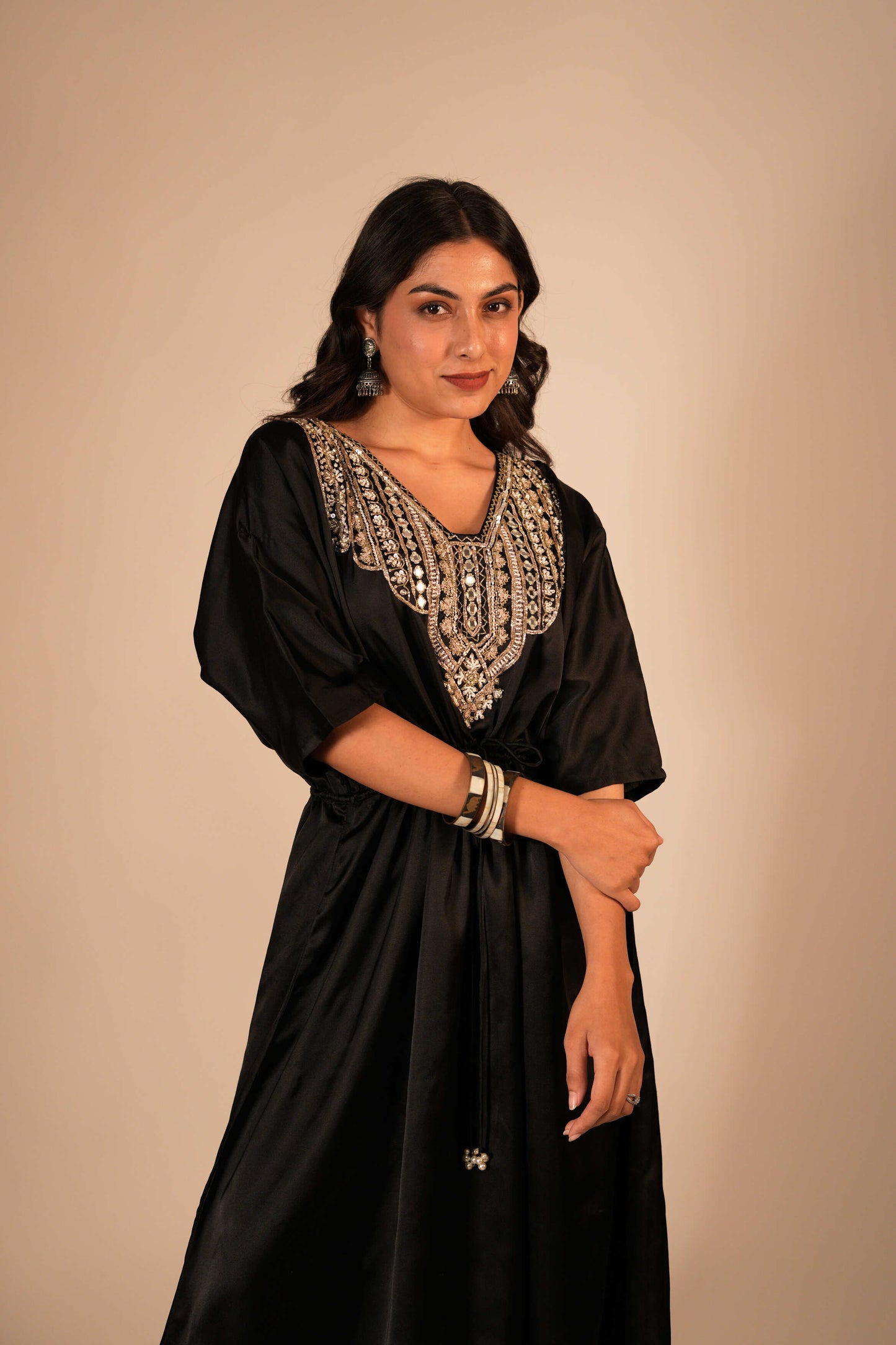 Black kaftan set with a hand embroidered neckline and front tie up