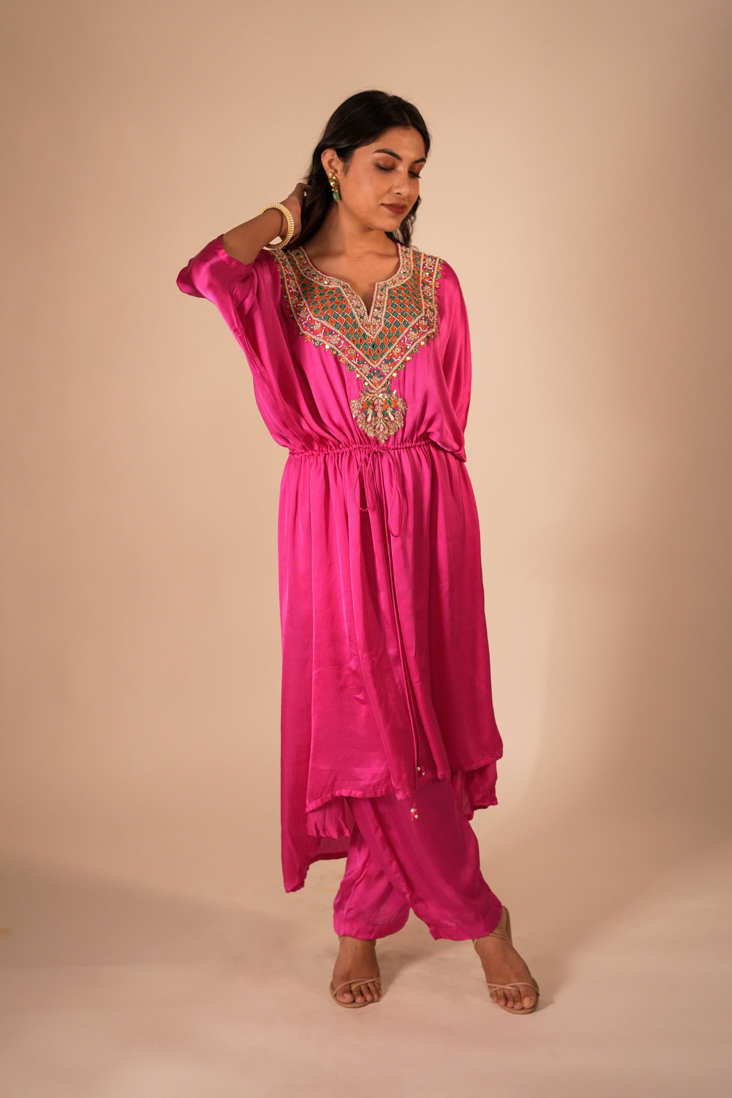 Hot pink high low kaftan set with a hand embroidered neckline and tie up