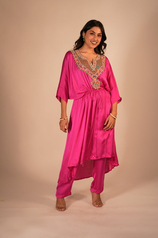 Hot pink high low kaftan set with a hand embroidered neckline and tie up