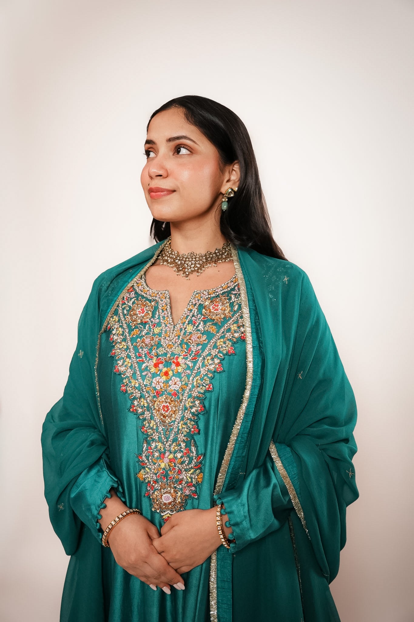 Teal embroidered anarkali set