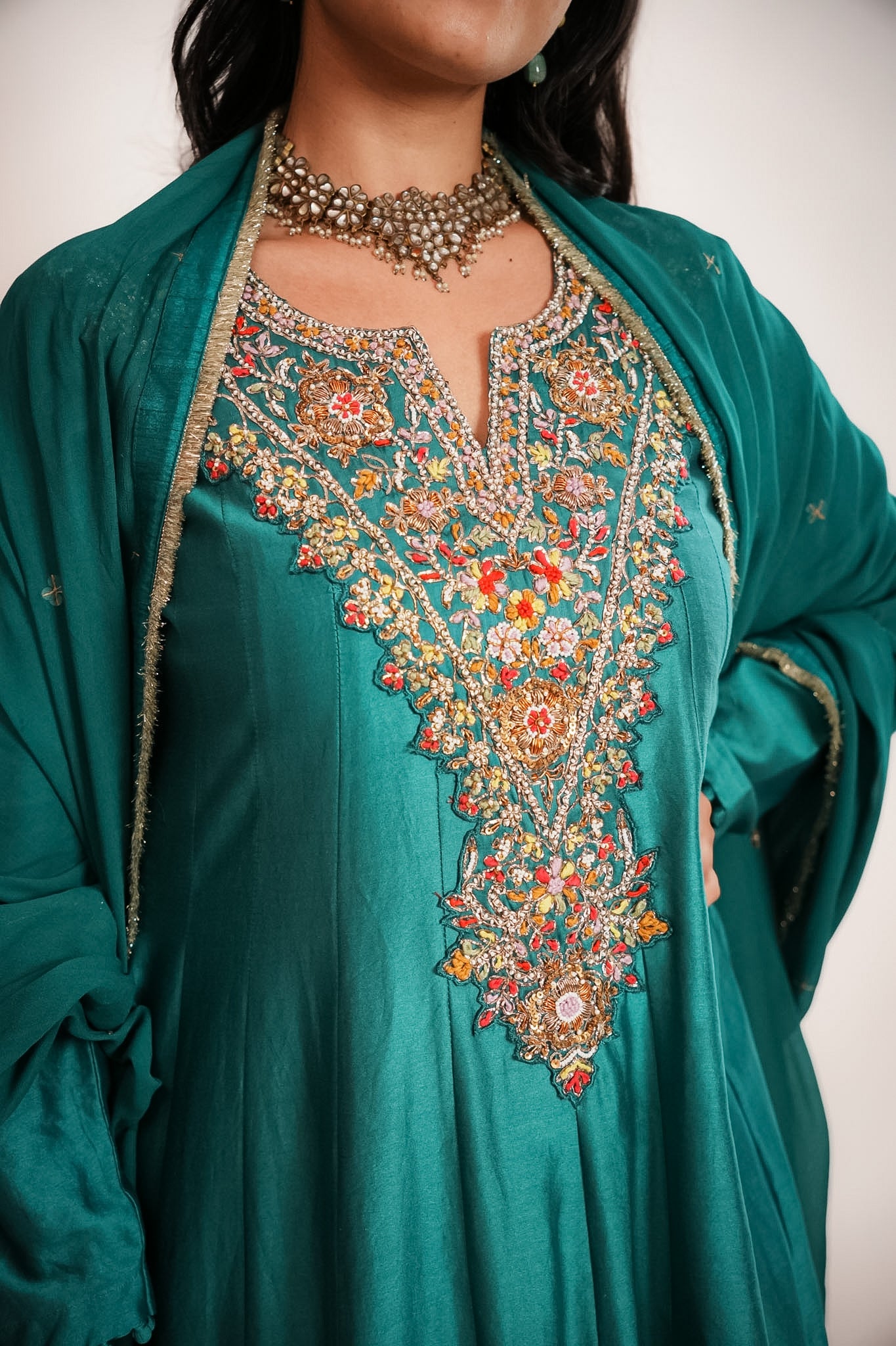 Teal embroidered anarkali set