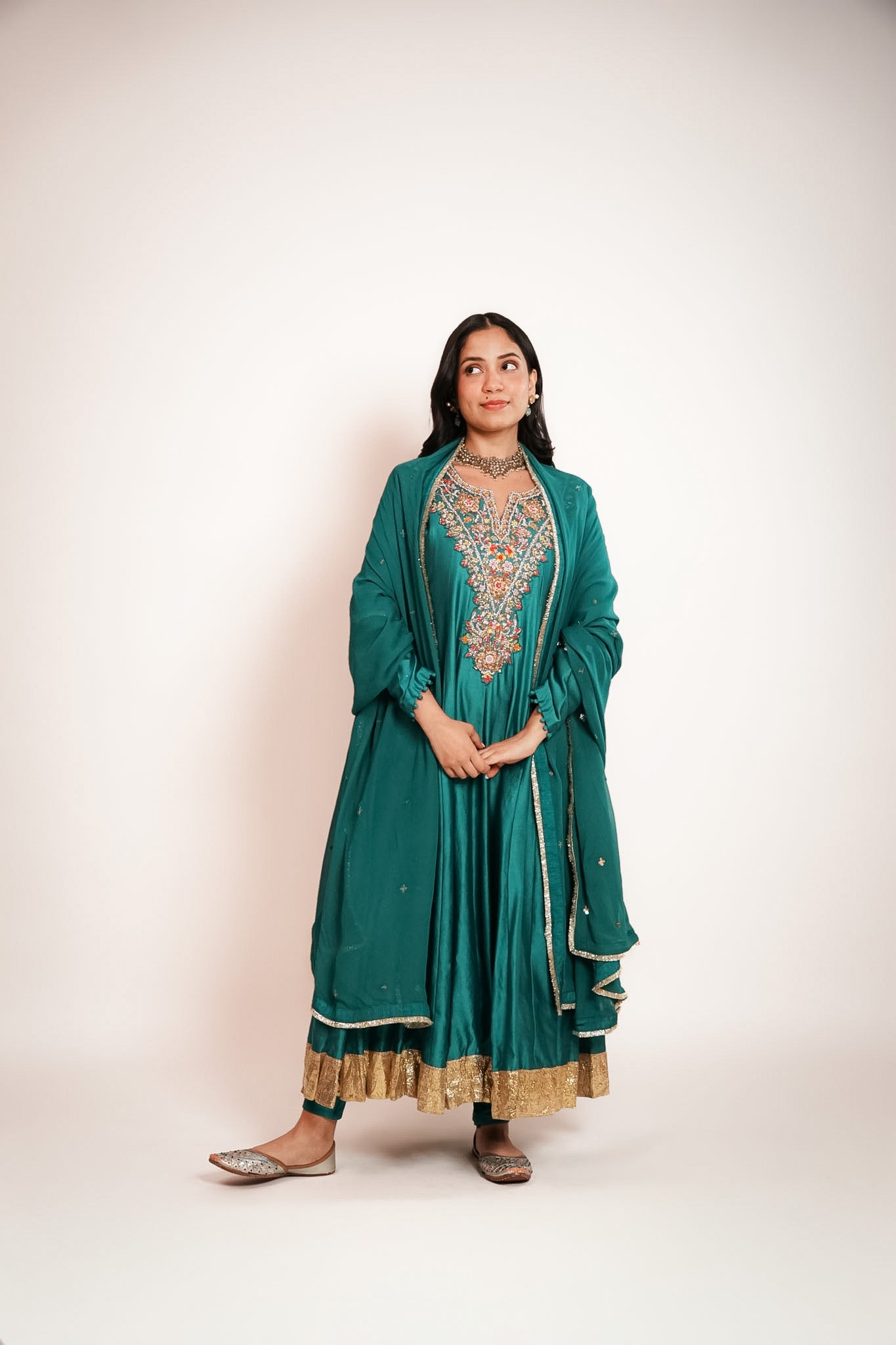 Teal embroidered anarkali set