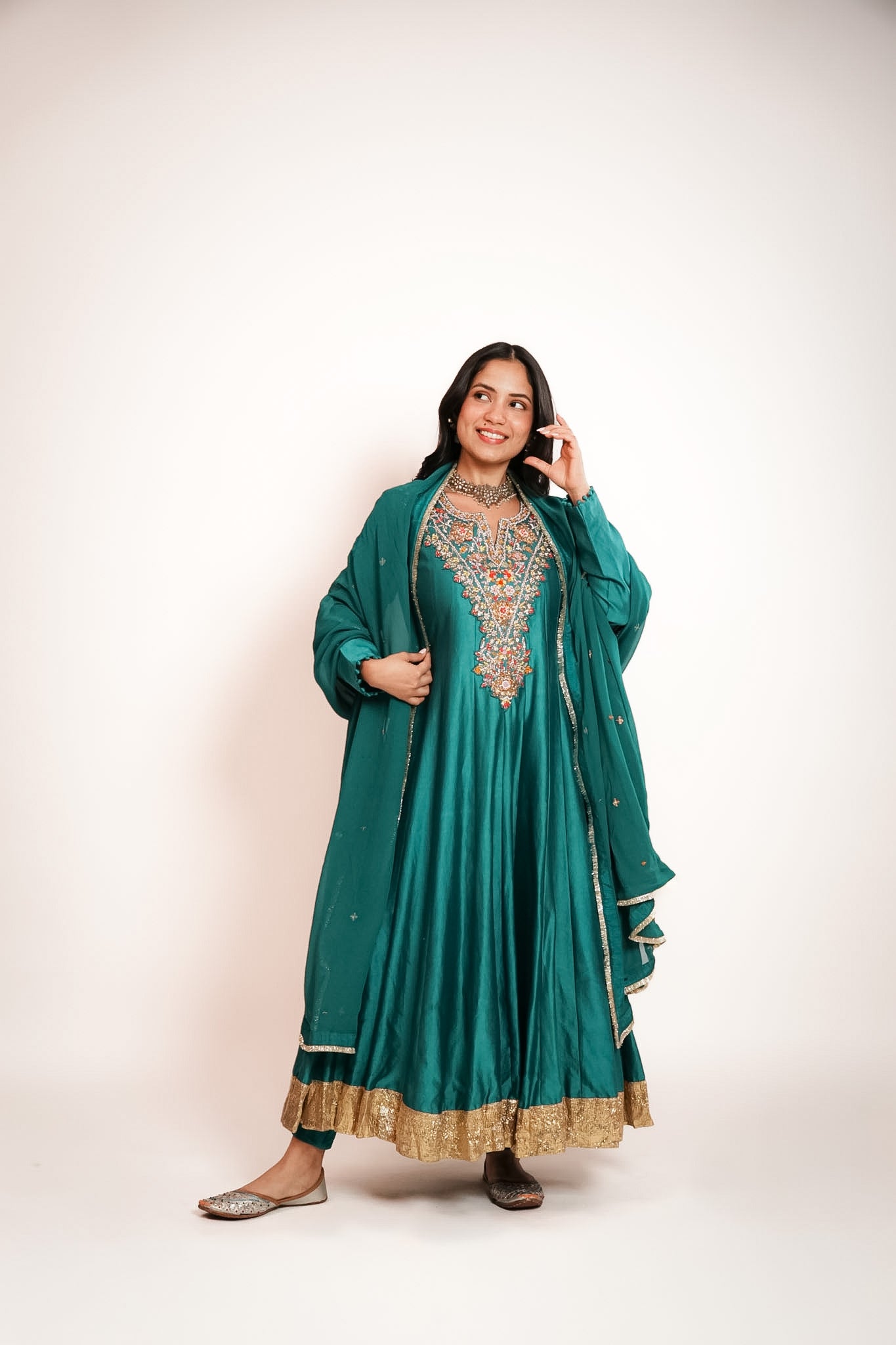 Teal embroidered anarkali set